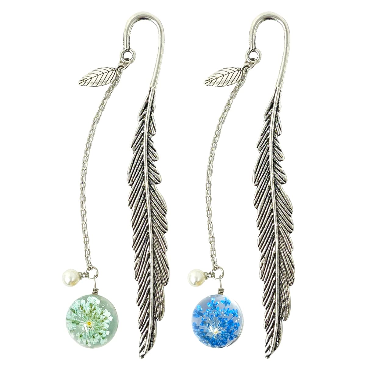 Allydrew Metal Leaf Bookmark with Charm - Elegant Book Accessories for Book Lovers & Readers (Set of 2, Mint & Blue) - Perfect Gift for Bookworms, Reading Enthusiasts & Students