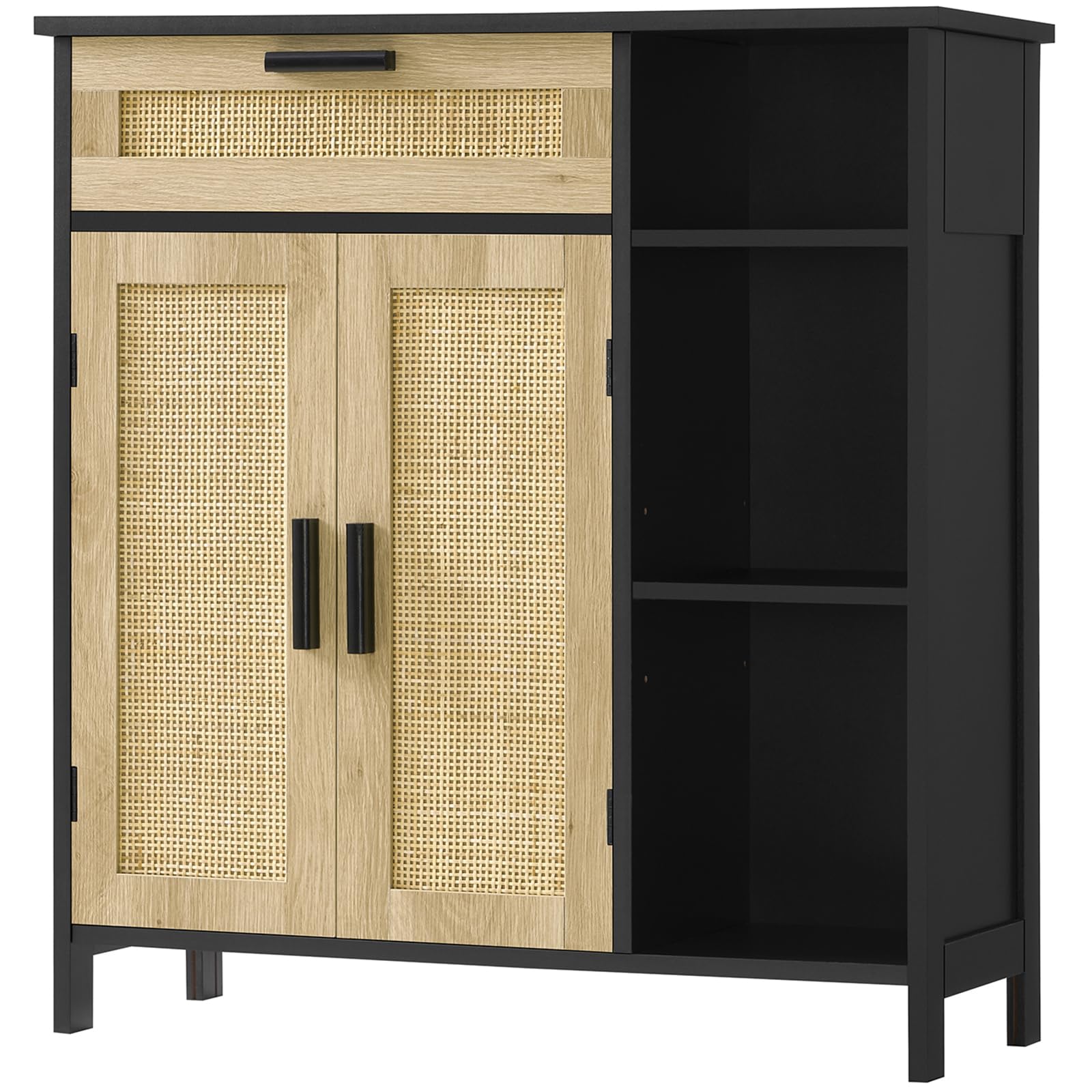 WEENFON Rattan Storage Cabinet with Drawer & Doors - Adjustable Shelves Sideboard Buffet Cabinet for Living Room, Entryway, Hallway - Black & Natural Wood Floor Cabinet for Home Organization & Decor