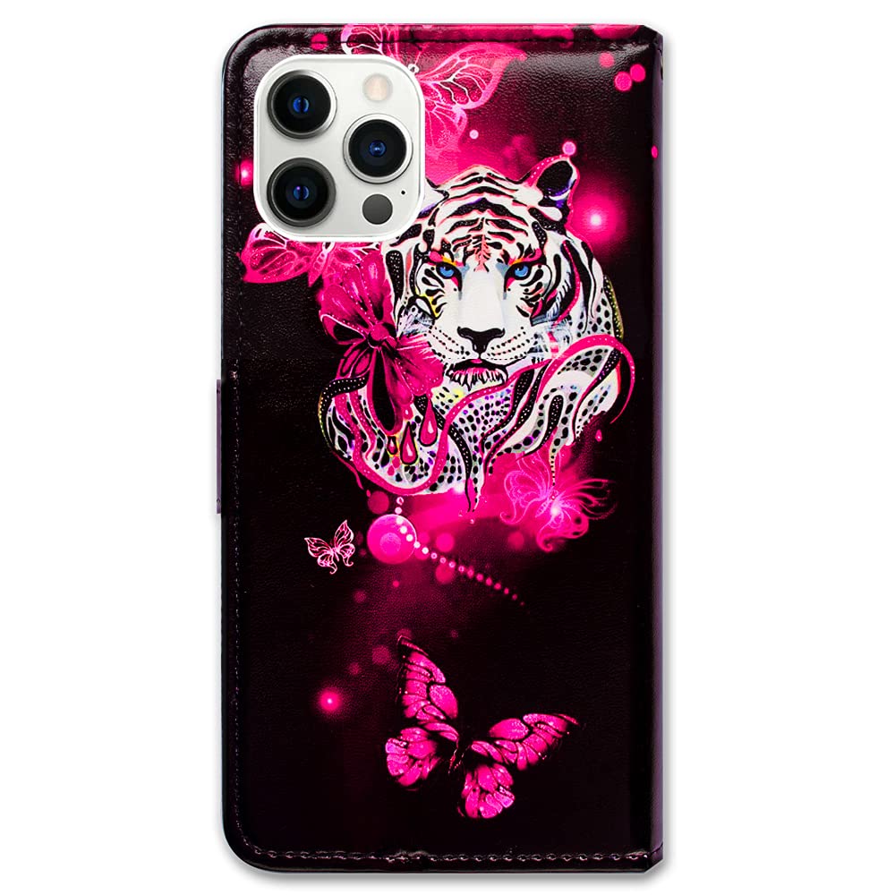 Premium White Tiger Butterfly Leather Flip Wallet Case for iPhone 13 Pro Max - Card Slot Holder & Built-in Kickstand (Perfect for Work, Travel & Everyday Protection)