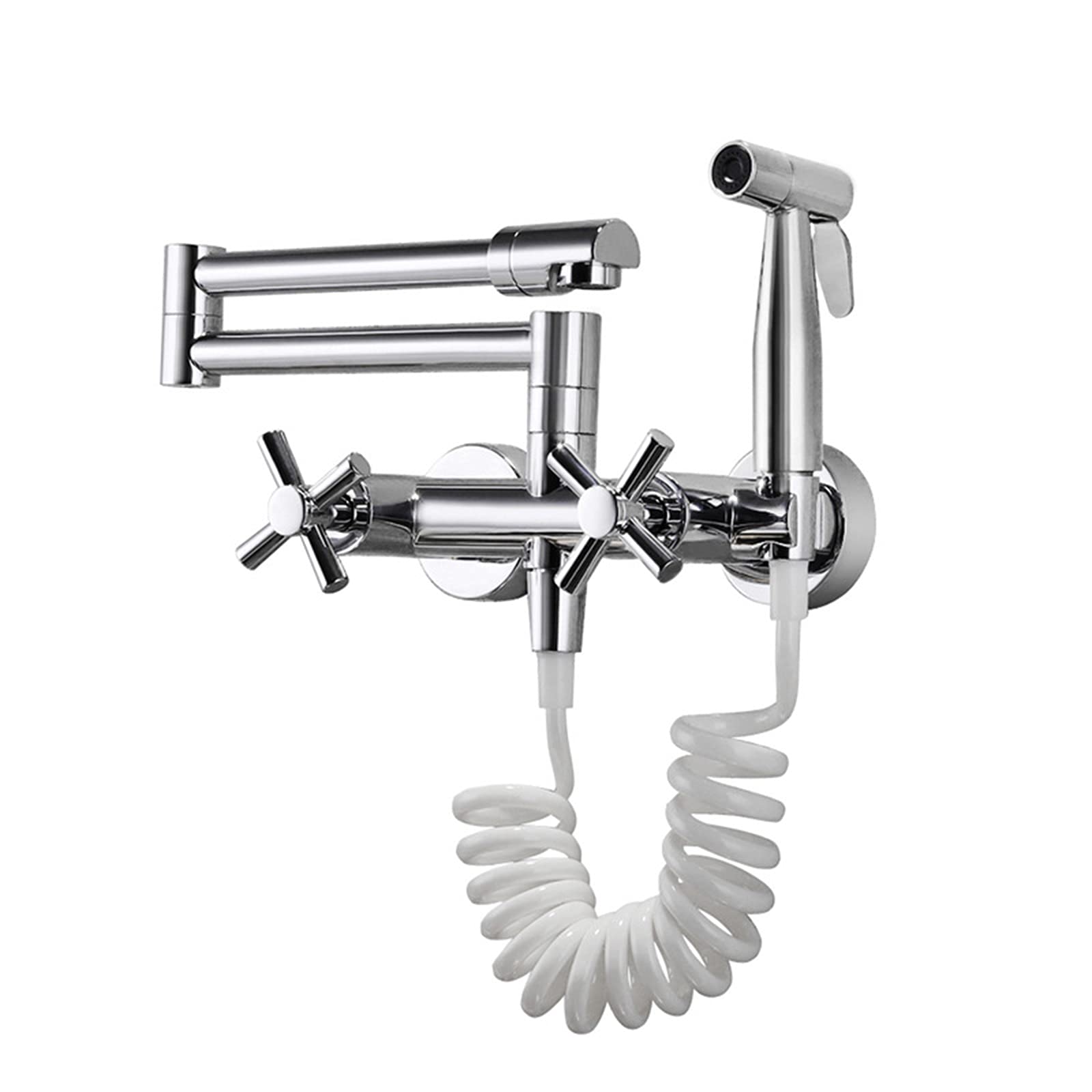 **Commercial Wall-Mounted Pot Filler Faucet with Hot & Cold Water - Brass Kitchen Sink Faucet, 2-Function, Folding Stretchable Double Joint Swing Arms, Chrome Finish - Ideal for Restaurants & Home Kitchens**