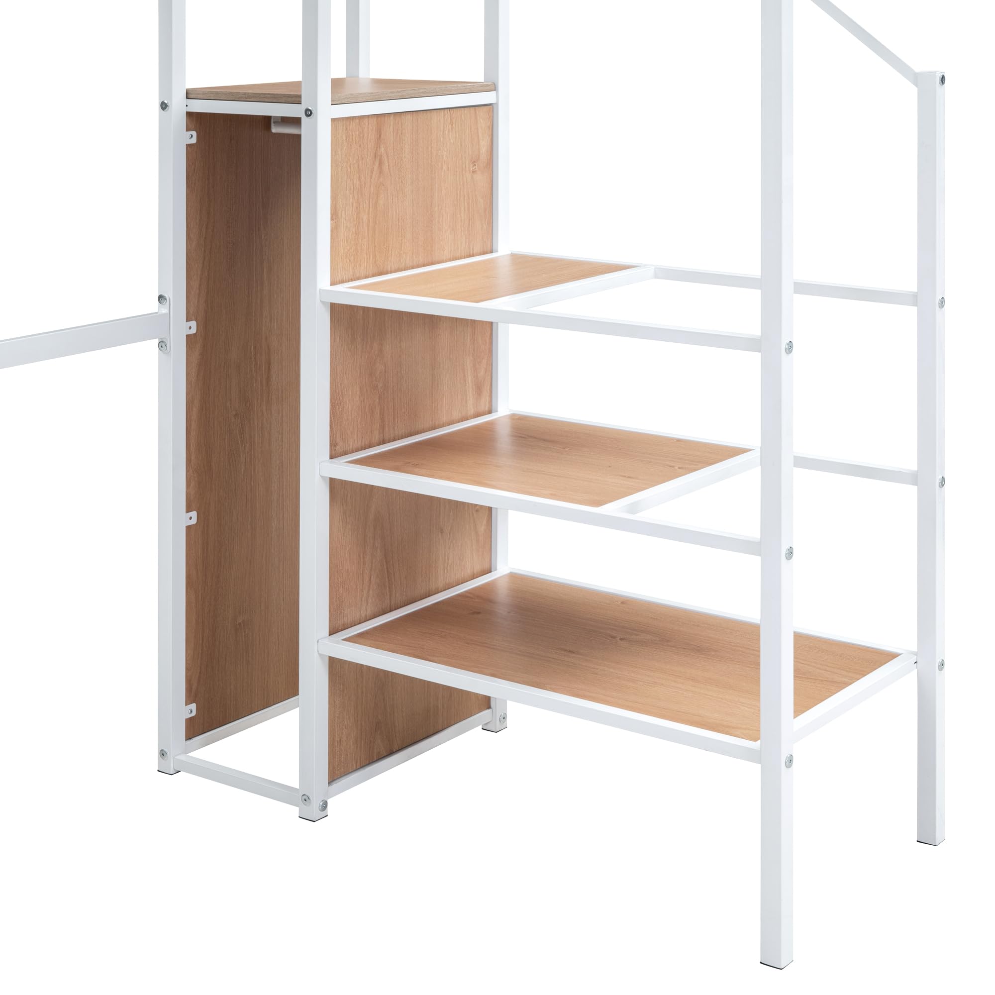 DNYN Twin Size Loft Bed with L-Shaped Desk, Storage Shelves & Wardrobe - Space Saving Metal Bed Frame for Kids Teens & Adults - Sturdy Design with Safety Guardrails - No Box Spring Needed - White - Perfect for Small Bedrooms, Dorms & Studio Apartments
