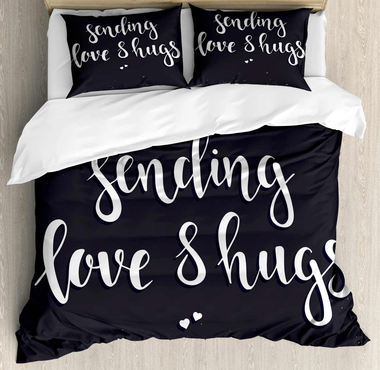 Ambesonne King Size Duvet Cover Set - 3 Piece Modern Bedding with 2 Pillow Shams, Dark Blue Grey & White Romantic Brush Lettering Design | Perfect for Master Bedroom, Guest Room & Cozy Home Decor