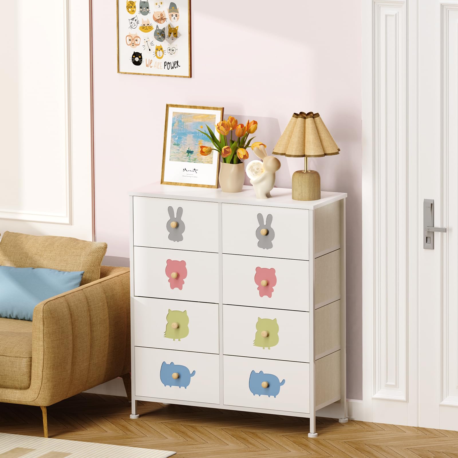 FRAPOW Kids Dresser with 8 Fabric Drawers - Wood Top & Metal Frame Storage Organizer for Baby Girls & Toddlers - Perfect for Nursery, Bedroom, Closet & Apartment Organization - Ideal for Storing Clothes, Toys & Baby Essentials