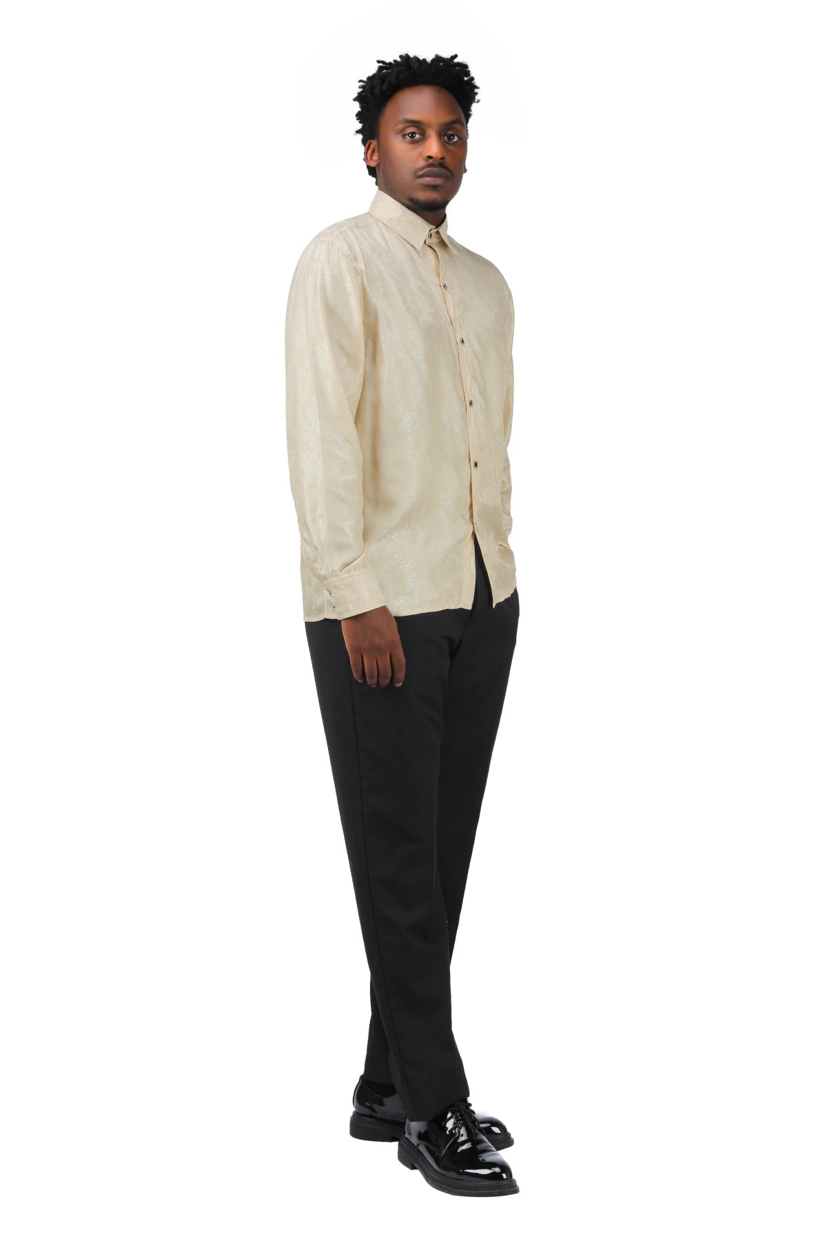 Slim Fit Embroidered Beige Paisley Shirt for Men - Casual Button Down Long Sleeve Dress Shirt for Office, Date Night & Special Occasions