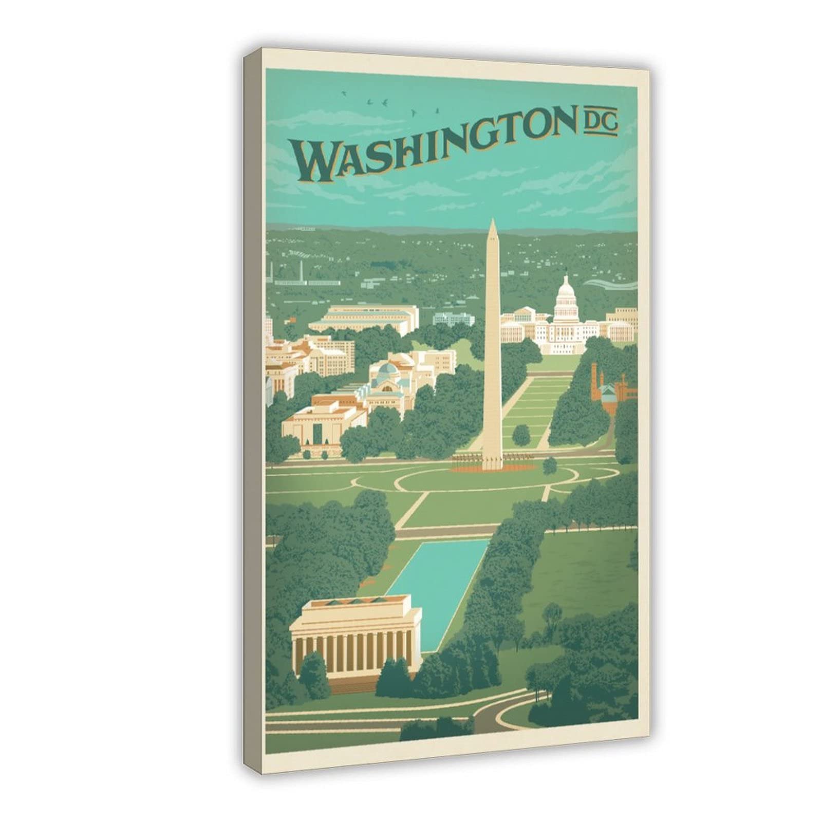 Vintage Washington DC Aerial View Travel Poster - 12x18 Inch (30x45cm) Canvas Wall Art for Bedroom, Office Decor - Perfect Gift for Travel Lovers & Home Decoration