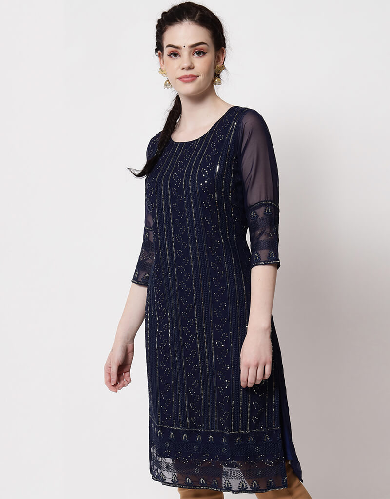 Blue Georgette Straight Leg Pants for Women - Comfortable & Elegant Office Wear & Casual Outfits