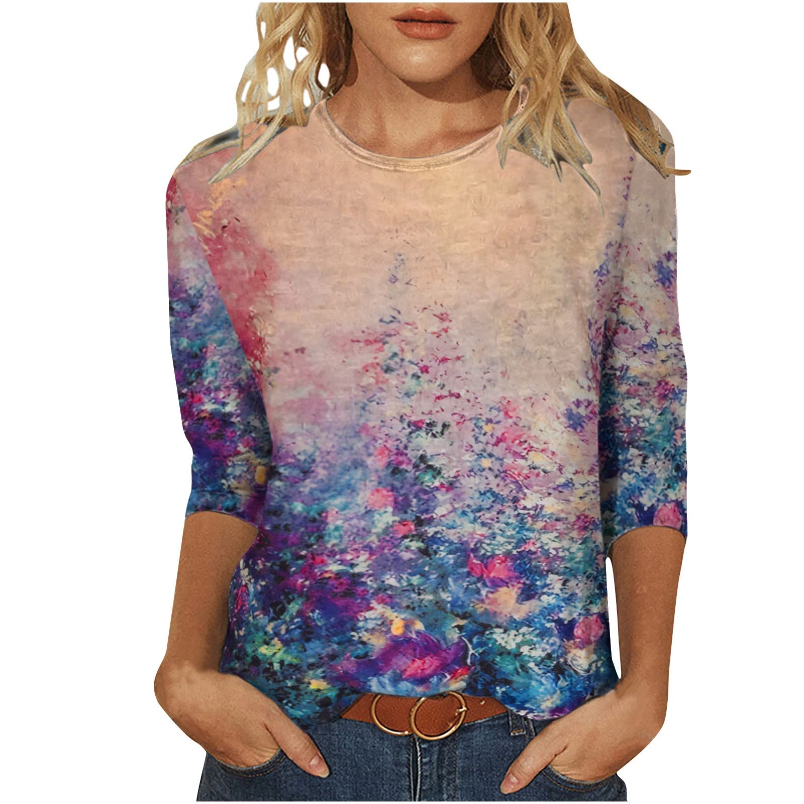 Women's Plus Size Vintage Marble Print 3/4 Sleeve T-Shirt - Casual Loose Fit Crewneck Blouse for Summer | Trendy Tee for Outfits, Beach Wear & Daily Fashion