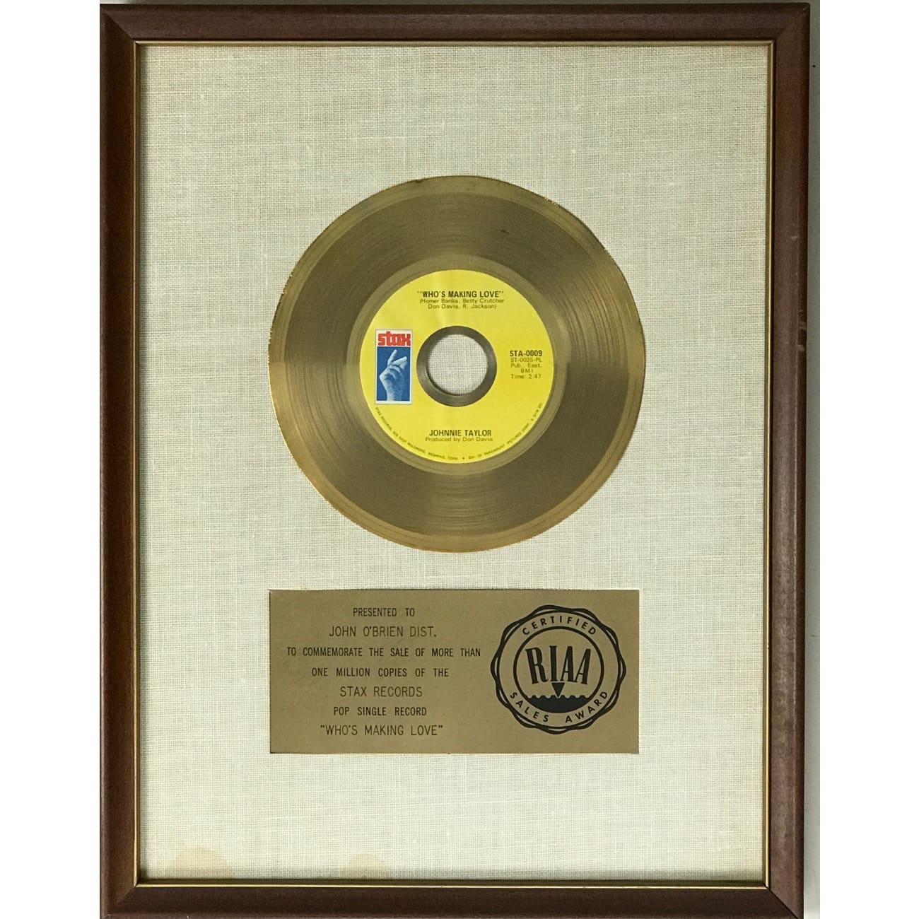 Johnnie Taylor Who's Making Love RIAA White Matte Gold 45 Award - Rare Collectible Vinyl Record for Music Enthusiasts & Vintage Decor