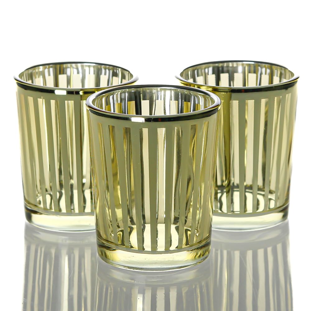 Richland Stripe Gold Metallic Glass Candle Holders - Set of 72 Small Decorative Tea Light Candle Holders for Wedding, Party, Home Decor and Table Centerpieces