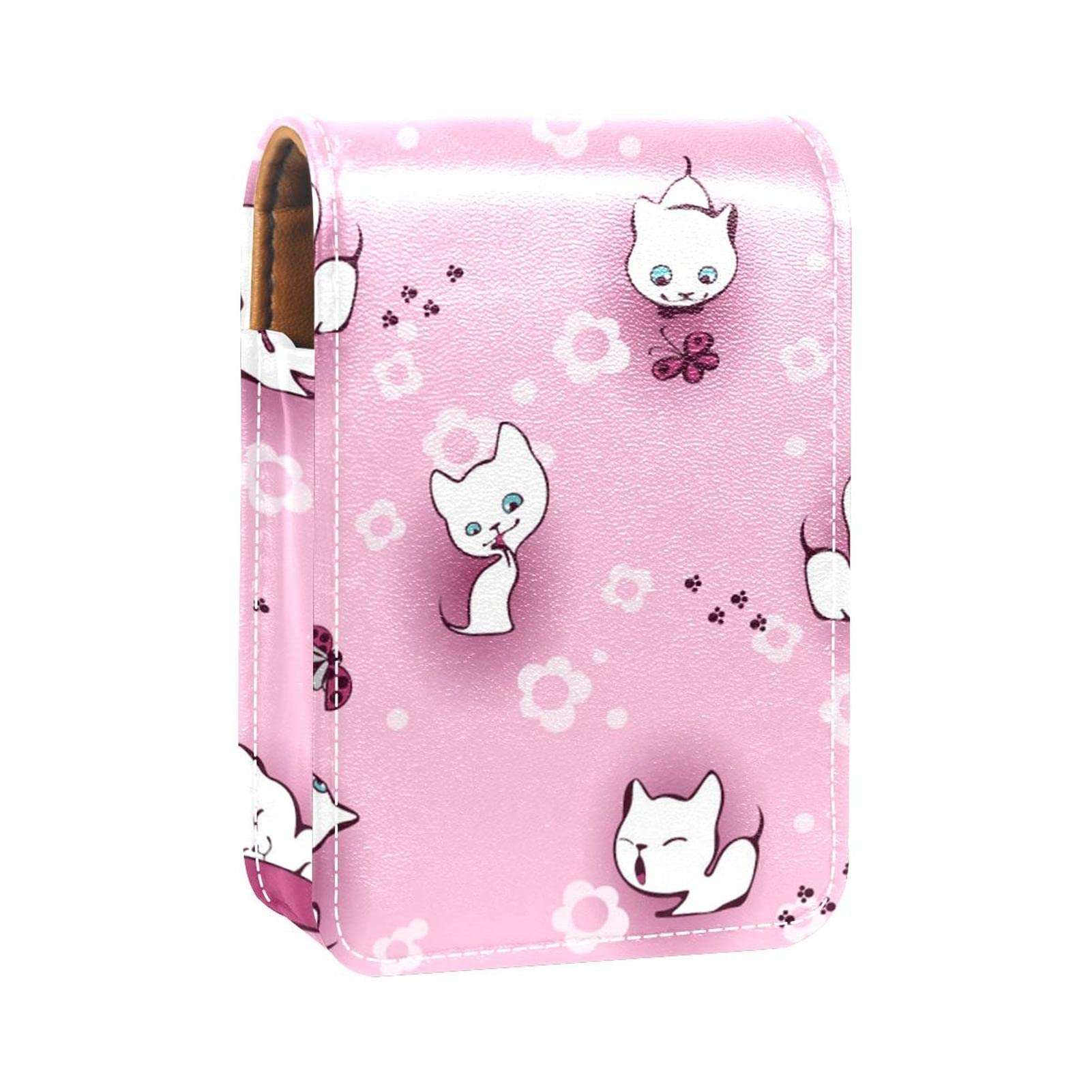 White Floral Kitten Makeup Lipstick Case - Portable Travel Lip Gloss Holder with Mirror, Mini Lipstick Organizer Storage Box for Women | Perfect for Travel, Daily Purse & Makeup Organization