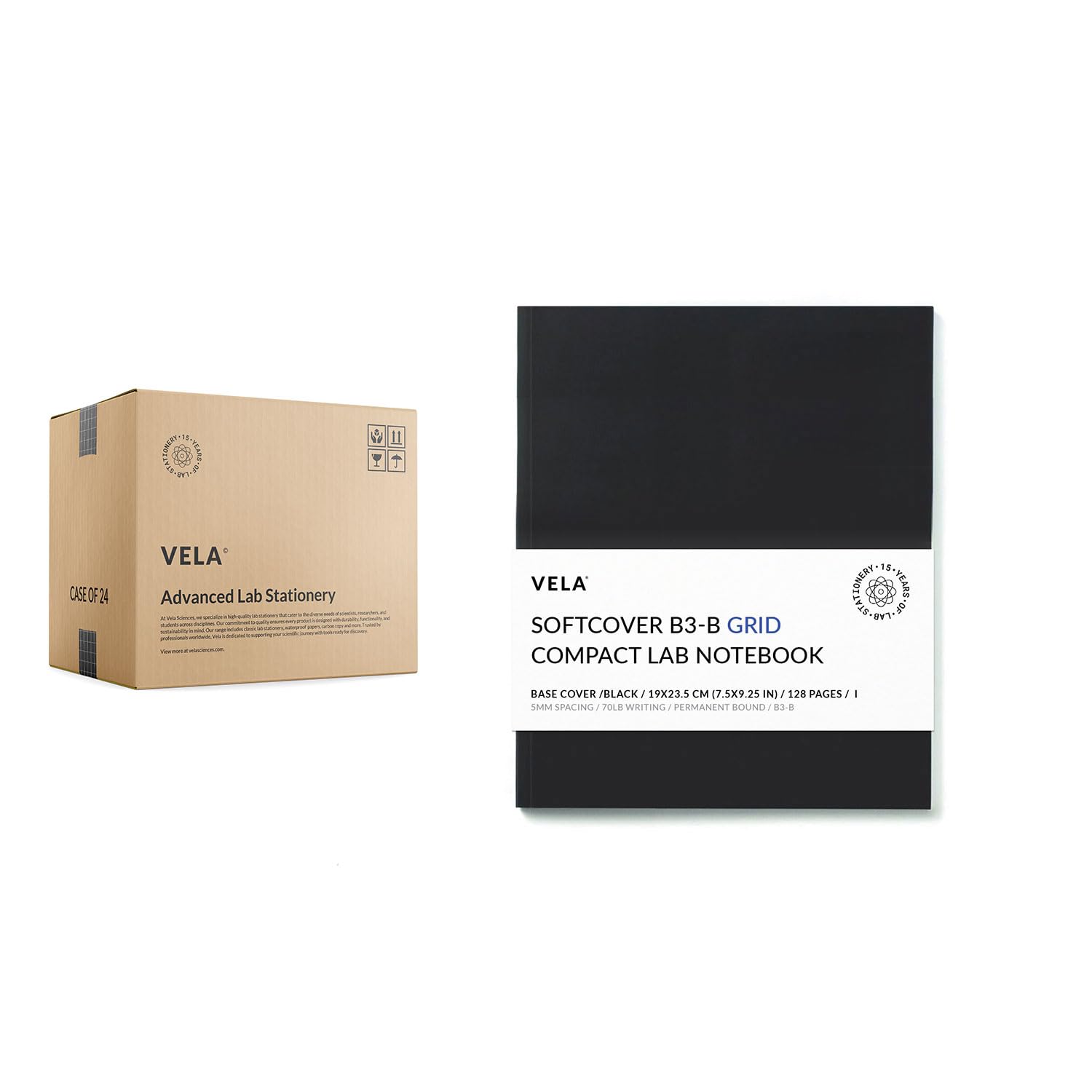 Vela Sciences B3 Compact Softcover Lab Notebook, 7.5 x 9.25 Inches (19 x 23.5 cm), 128 Pages, Permanent Bound, 70lb Heavyweight Grid Paper - 24 Pack for Science Experiments, Research & Field Notes