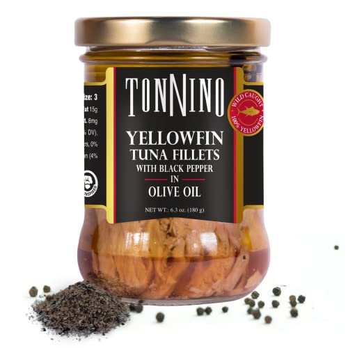 Premium Tonnino Yellowfin Tuna Fillets in Olive Oil - Low Calorie, Gluten Free, 6.3 oz Jar (Pack of 6) - Perfect for Salads, Sandwiches & Healthy Meal Prep