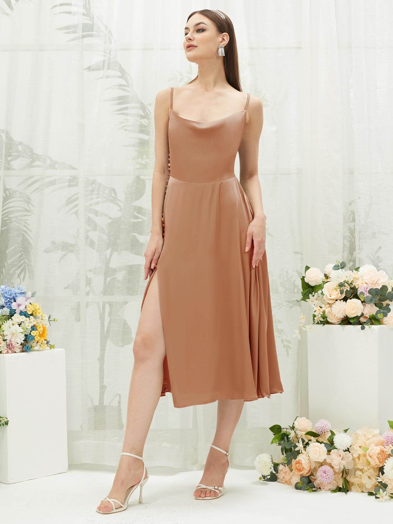 Luxury Silk Satin Bridesmaid Dress with Cowl Neck & Spaghetti Straps - Elegant Button Slit Design for Weddings, Parties & Special Occasions