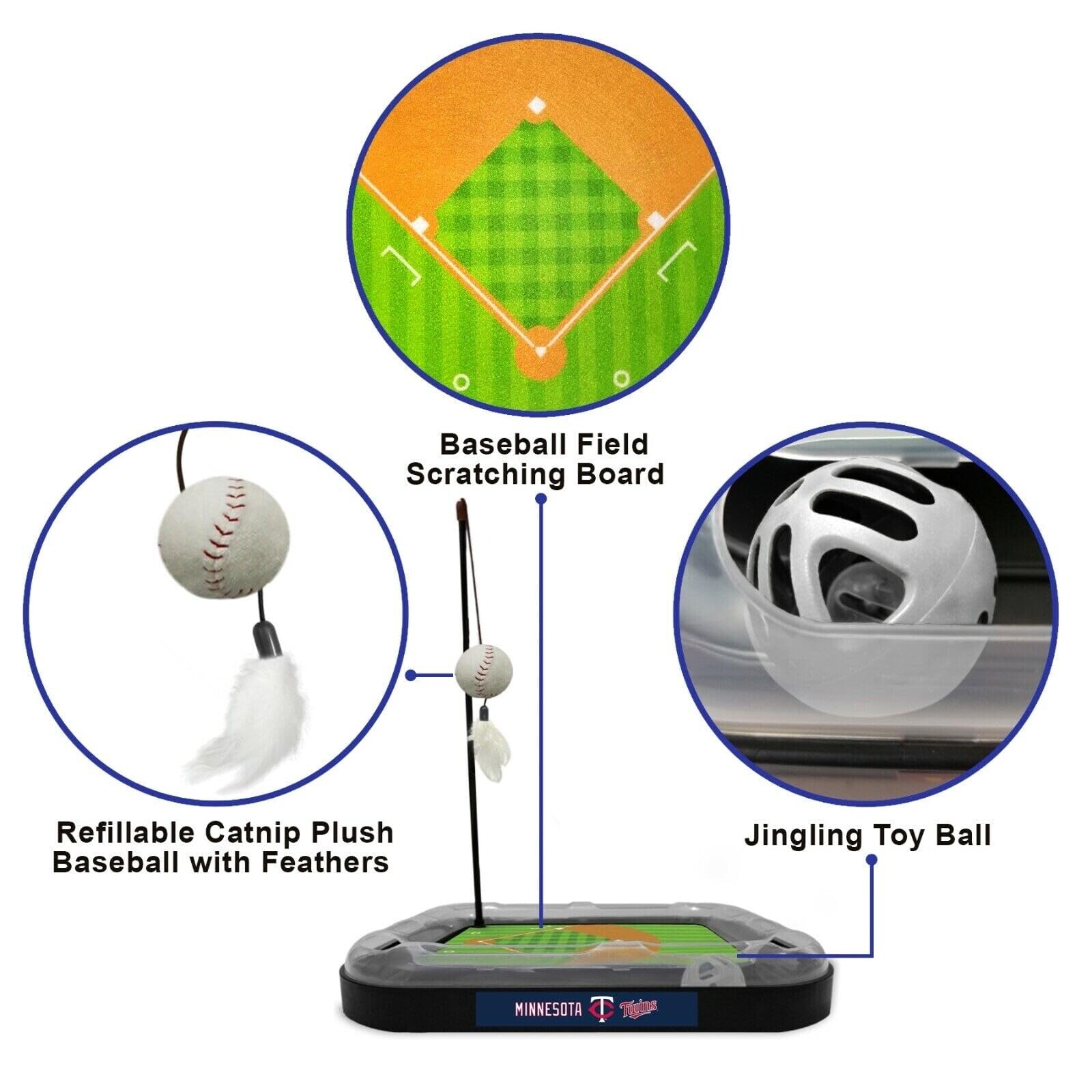 Minnesota Twins Baseball Field Cat Scratching Toy - 5-in-1 Interactive Cat Toy with Scratching Pad, Ball Bell, Catnip Plush Baseball & Feather Wand - Perfect for Playtime, Exercise & Stress Relief for Indoor Cats