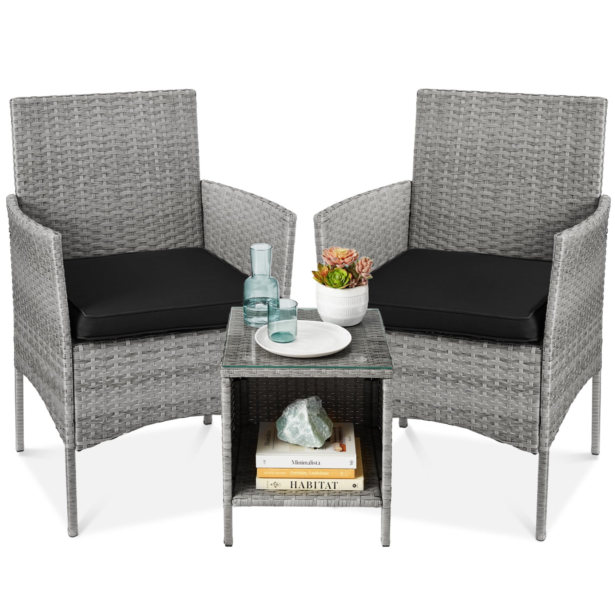 Best Choice Products 3-Piece Outdoor Wicker Patio Furniture Set with Side Table - Space Saving Bistro Conversation Set in Gray/Black for Garden, Balcony, and Backyard Relaxation