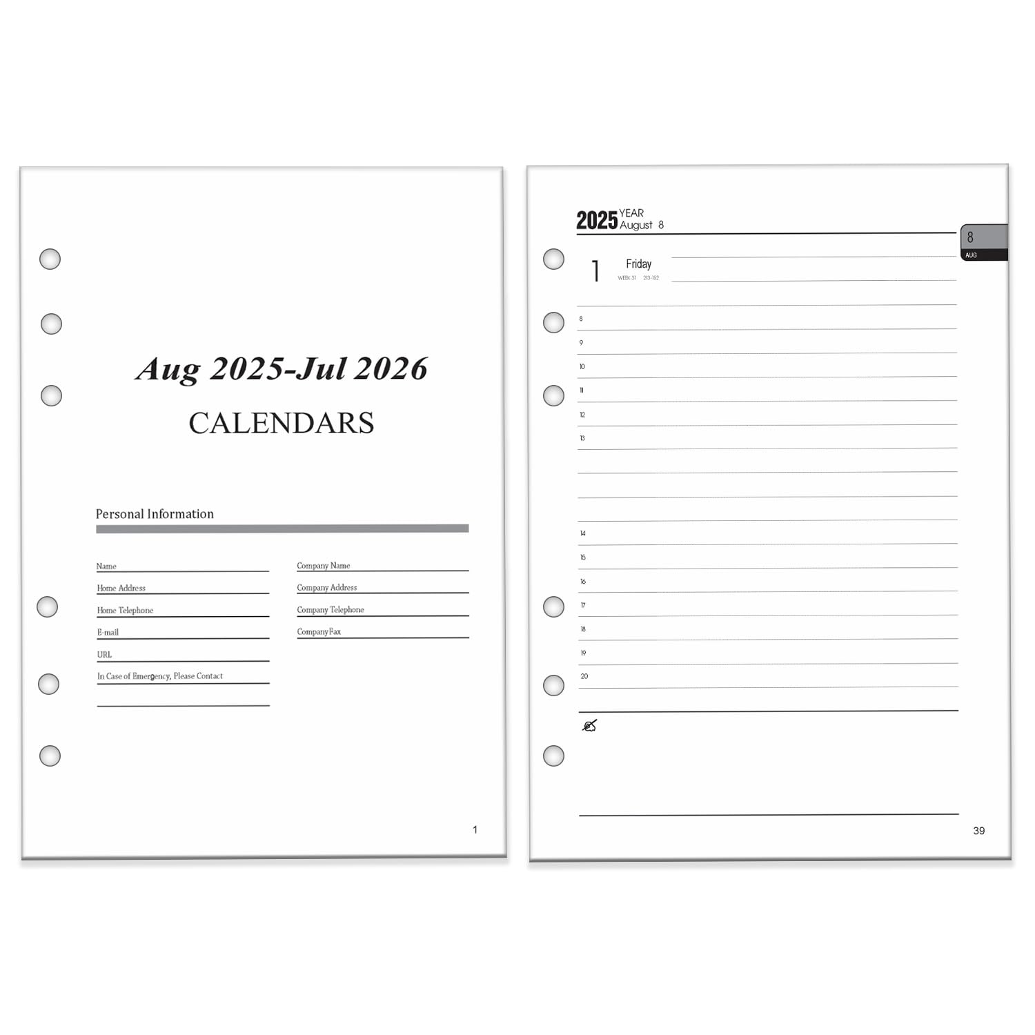 **A5 Academic Diary Refill 2025-2026 - Mid-Year Planner with Daily & Monthly Pages, 6-Hole Punch, Extra Notes & Contacts Section | Perfect for Students, Professionals & Organizing Work & School Schedules (August 2025 - July 2026)**