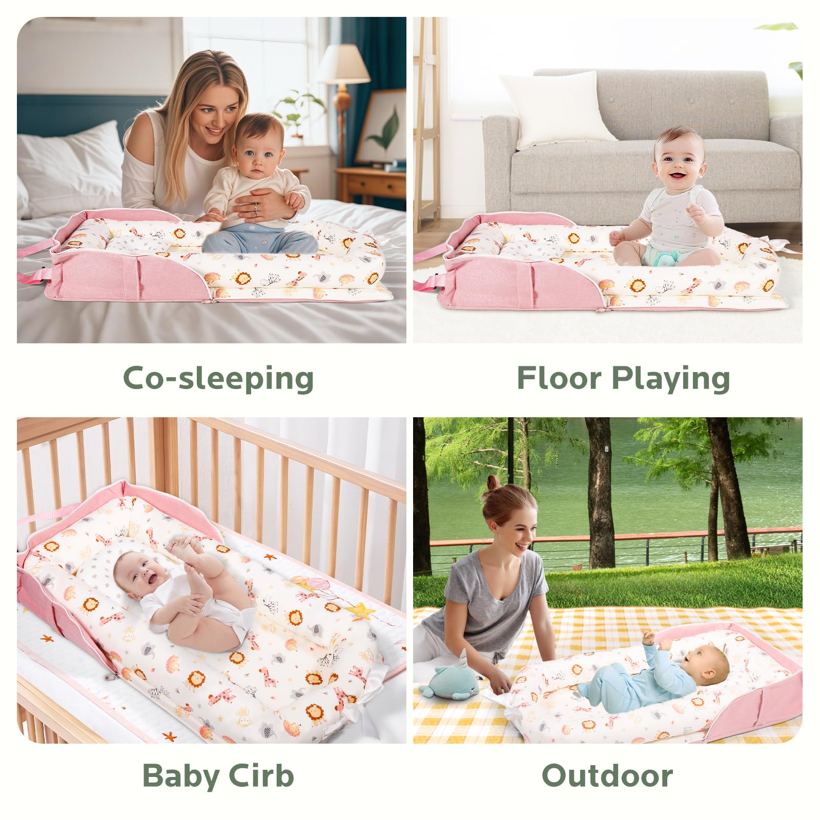 **Portable Baby Lounger & Diaper Bag for Newborns 0-12 Months - 100% Cotton Breathable Foldable Travel Nest Bed for Infants & Toddlers - Perfect for Nursery, Travel, Park & Outdoor Use (Pink Print)**