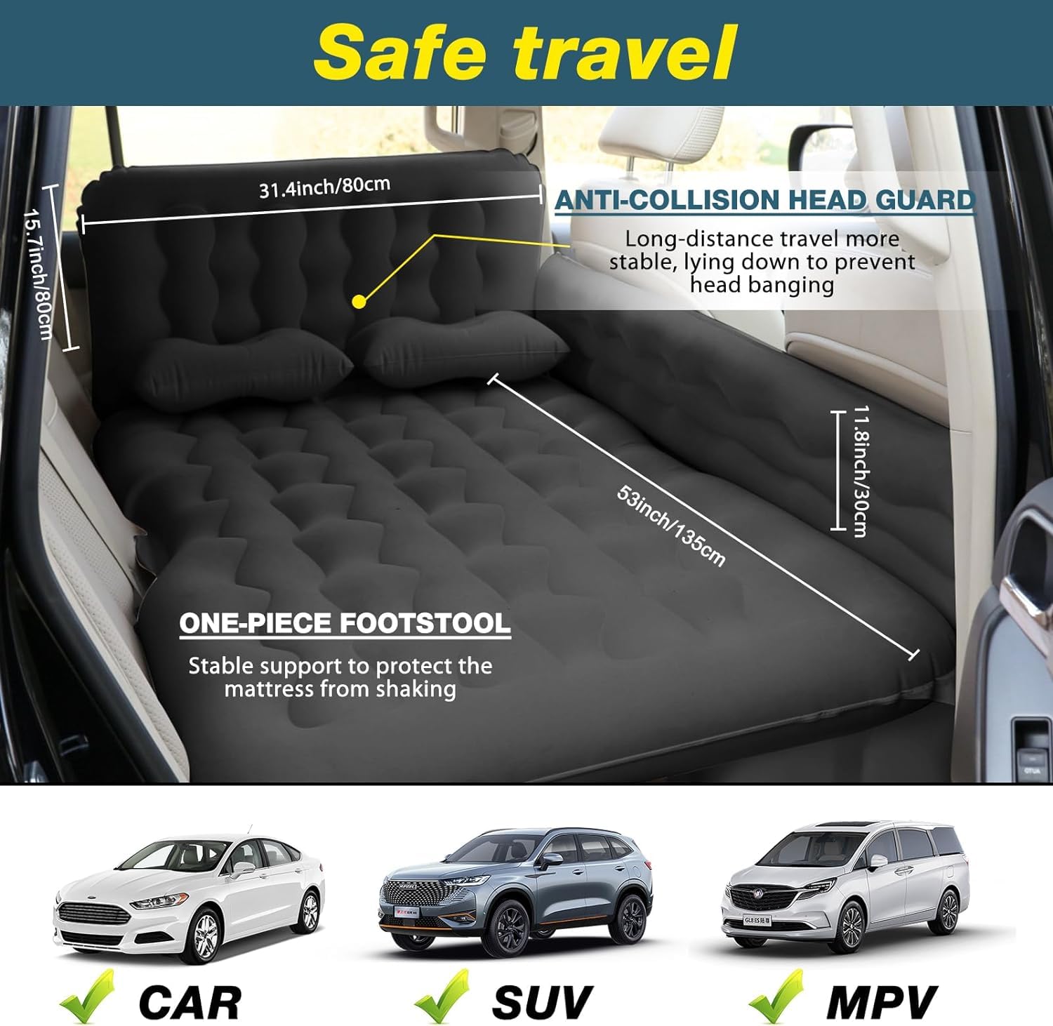 Portable SUV Air Mattress for Camping - Foldable Car Back Seat Mattress for Sedan, SUV & Truck | Full Size Inflatable Sleeping Pad for Road Trips & Outdoor Adventures