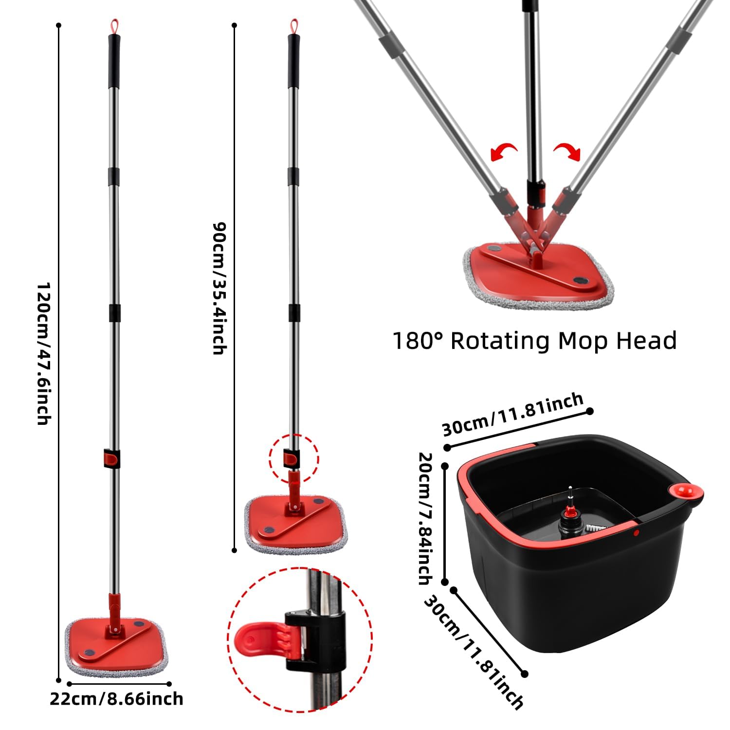 KZKR Spin Square Mop and Bucket Set with 6 Replaceable Microfiber Pads - Self-Cleaning System with Dirty/Clean Water Separation - 360° Rotating Self-Wringing Mop for Hardwood, Tile & Laminate Floors - Perfect for Home, Kitchen, and Bathroom Cleaning