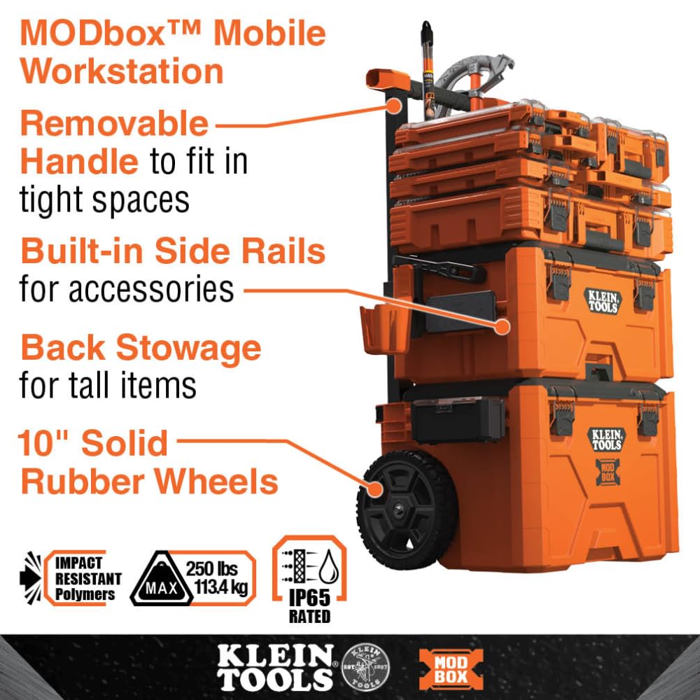 Klein Tools 54808MB MODbox Tall Compartment Organizer - 10 Compartments, 4 Removable Bins for Fasteners & Small Parts - Half-Width Stackable Tool Box Module for Workshop, Garage & DIY Projects