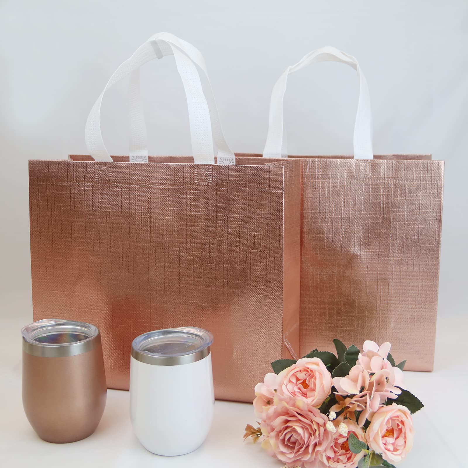 HUANN Rose Gold Bachelorette Party Gift Bags - Large Glossy Reusable Non-Woven Tote Bags for Bridal Shower, Wedding Favors & Girls Night Out