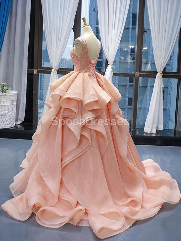 Elegant Peach Lace Beaded Ruffle Ball Gown - Formal Evening Prom Dress for Women | Perfect for Homecoming, Quinceañera & Special Occasions