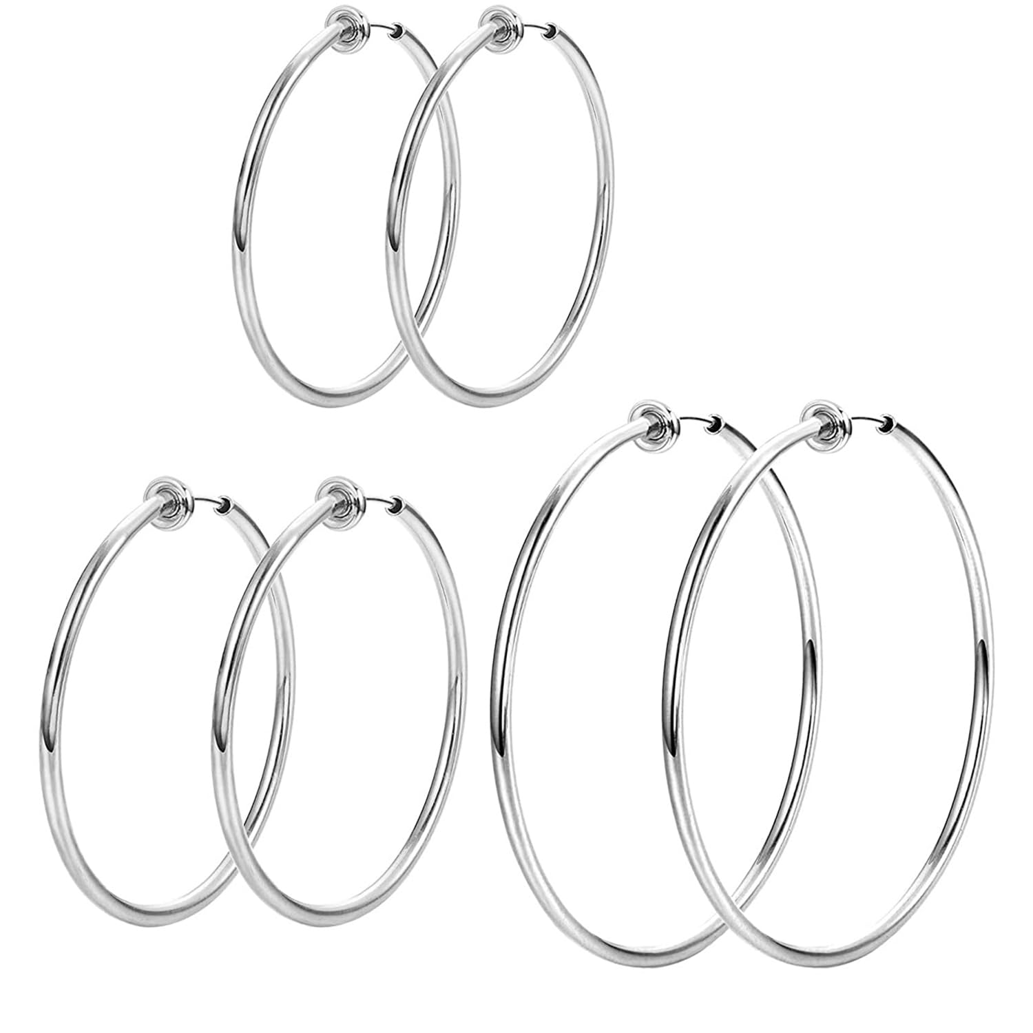 Stainless Steel Big Clip On Spring Hoop Earrings 3 Pcs Set - Gunmetal Tone Jewelry for Women, Girls | Perfect for Parties, Weddings & Everyday Wear