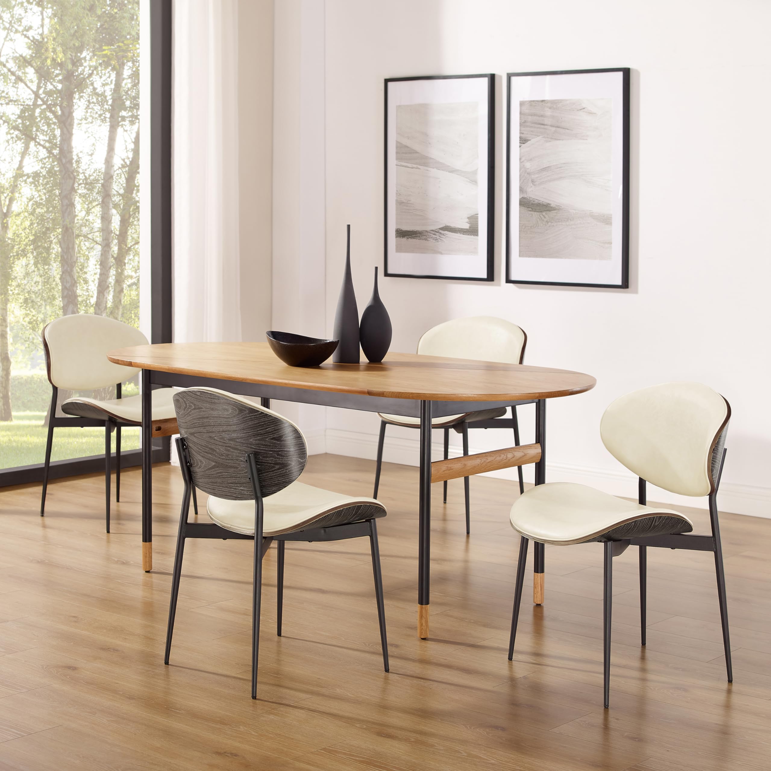 Art Leon Mid Century Modern Dining Chairs - Set of 2 Black Oak Bentwood Chairs with Off White Faux Leather Upholstery - Perfect for Kitchen, Dining Room & Bedroom Accent Seating