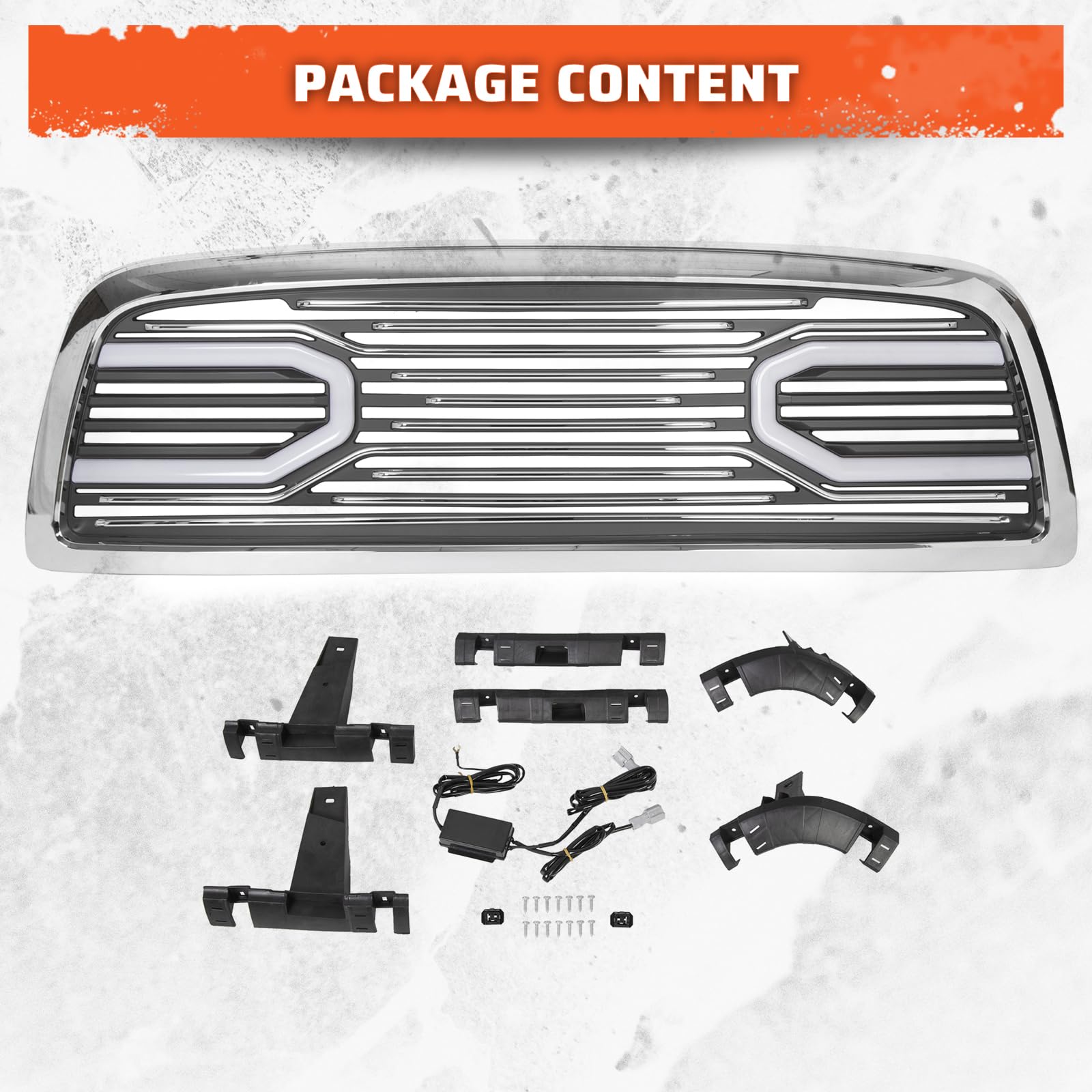 ECOTRIC Chrome Front Bumper Grill with LED Lights for 2009-2012 Dodge Ram 1500 | Hood Grille Replacement Shell | Off-Road & Street Style Upgrade