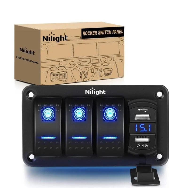 3 Gang Aluminum 5 Pin ON/Off Blue LED Rocker Switch Panel with 4.8A Dual USB Charger & Voltmeter - Perfect for Marine Boats, RVs, Trucks, and DIY Electrical Projects
