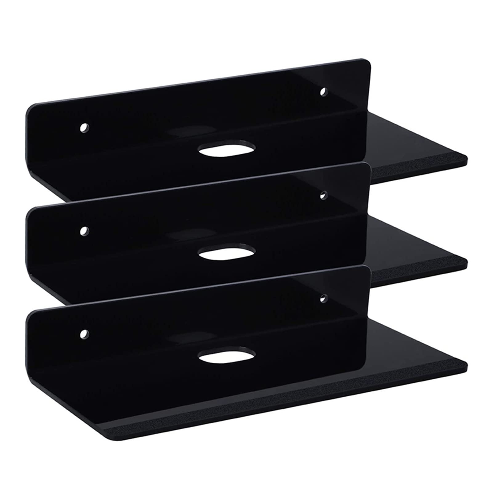 YFJLOVE 3-Piece Acrylic Floating Wall Shelf Set - Multifunctional Bathroom Storage Rack, Damage-Free Display Shelves with Cable Clips (Black) - Perfect for Organizing Toiletries, Cosmetics, and Small Essentials in Bathrooms, Kitchens, or Bedrooms