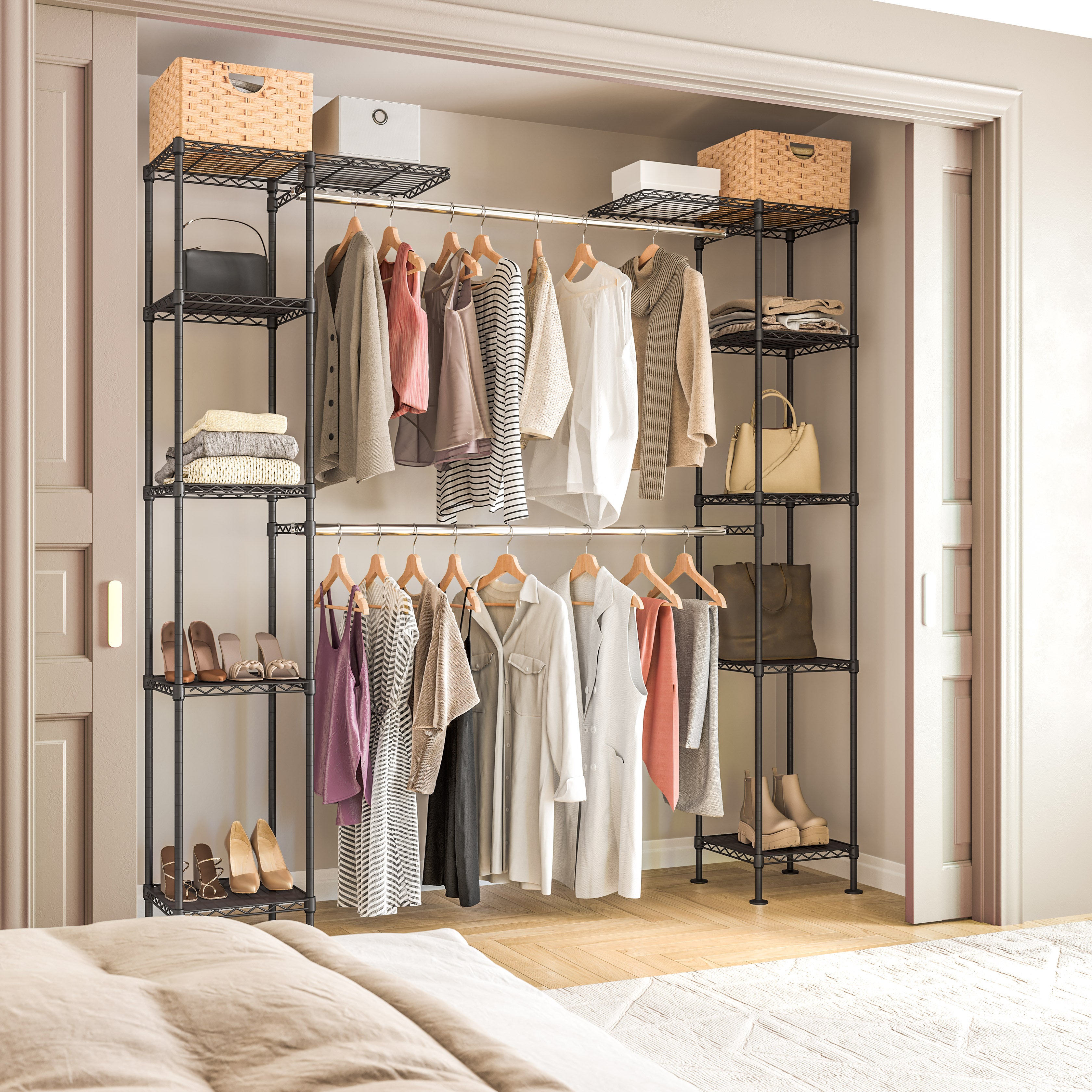 Expandable Closet Organizer System - Space Saving Wardrobe Storage Solution for Bedroom, Closet & Dorm Organization - Perfect for Hanging Clothes, Shoes & Accessories