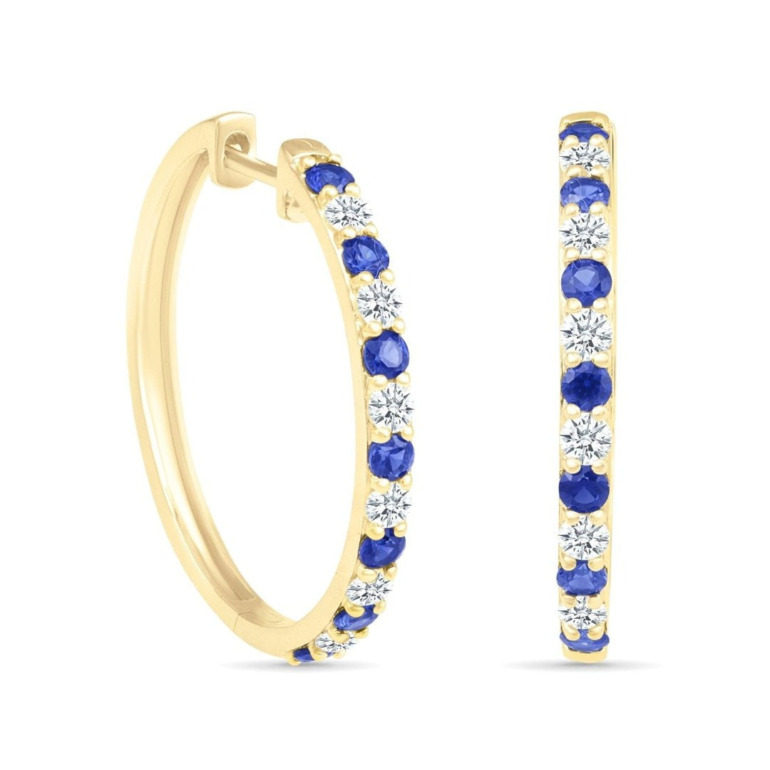 10K Yellow Gold Blue and White Sapphire Hoop Earrings for Women - Elegant Dangle Earrings for Wedding, Party & Everyday Wear