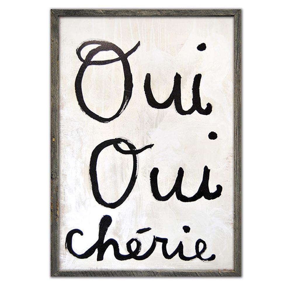 Oui Oui Cherie 25x36 Grey Wood Art Print - Vintage French Inspired Wall Decor for Living Room, Bedroom & Office