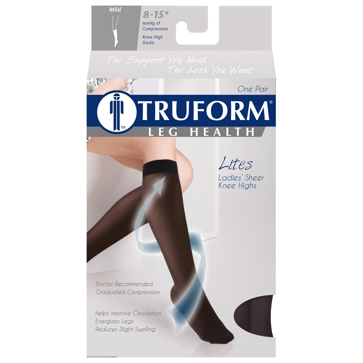 Truform Sheer Compression Stockings 8-15 mmHg for Women - Knee High Support Socks, 20 Denier Nylon, Navy Blue, Large Size - Perfect for Travel, Work & Varicose Vein Relief
