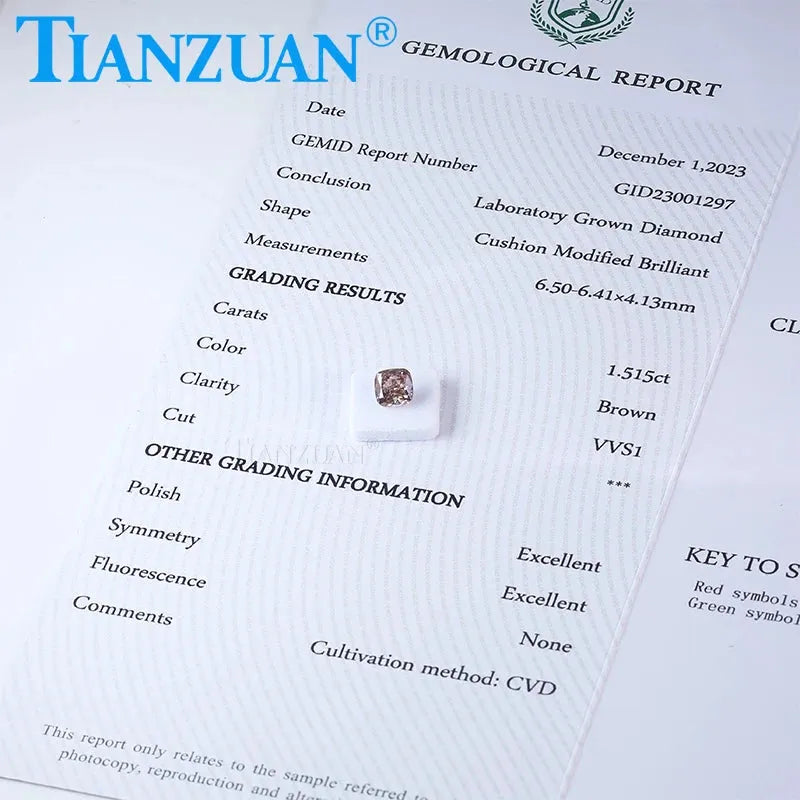 1.5CT Lab Grown CVD Cushion Cut Brown Diamond - VVS1 Clarity, 2EX Cut, GEMID Certified Loose Gemstone for Jewelry Making & Engagement Rings