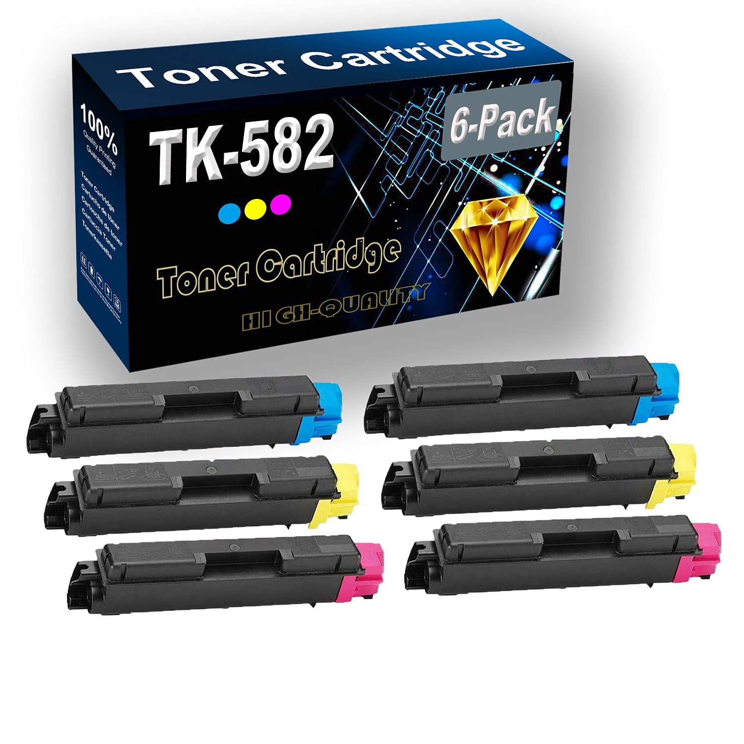 6-Pack High Yield TK-582 Compatible Toner Cartridges (2C+2Y+2M) for Kyocera Ecosys FS-C5150DN & P6021CDN Printers - Ideal for Office & Home Printing Needs