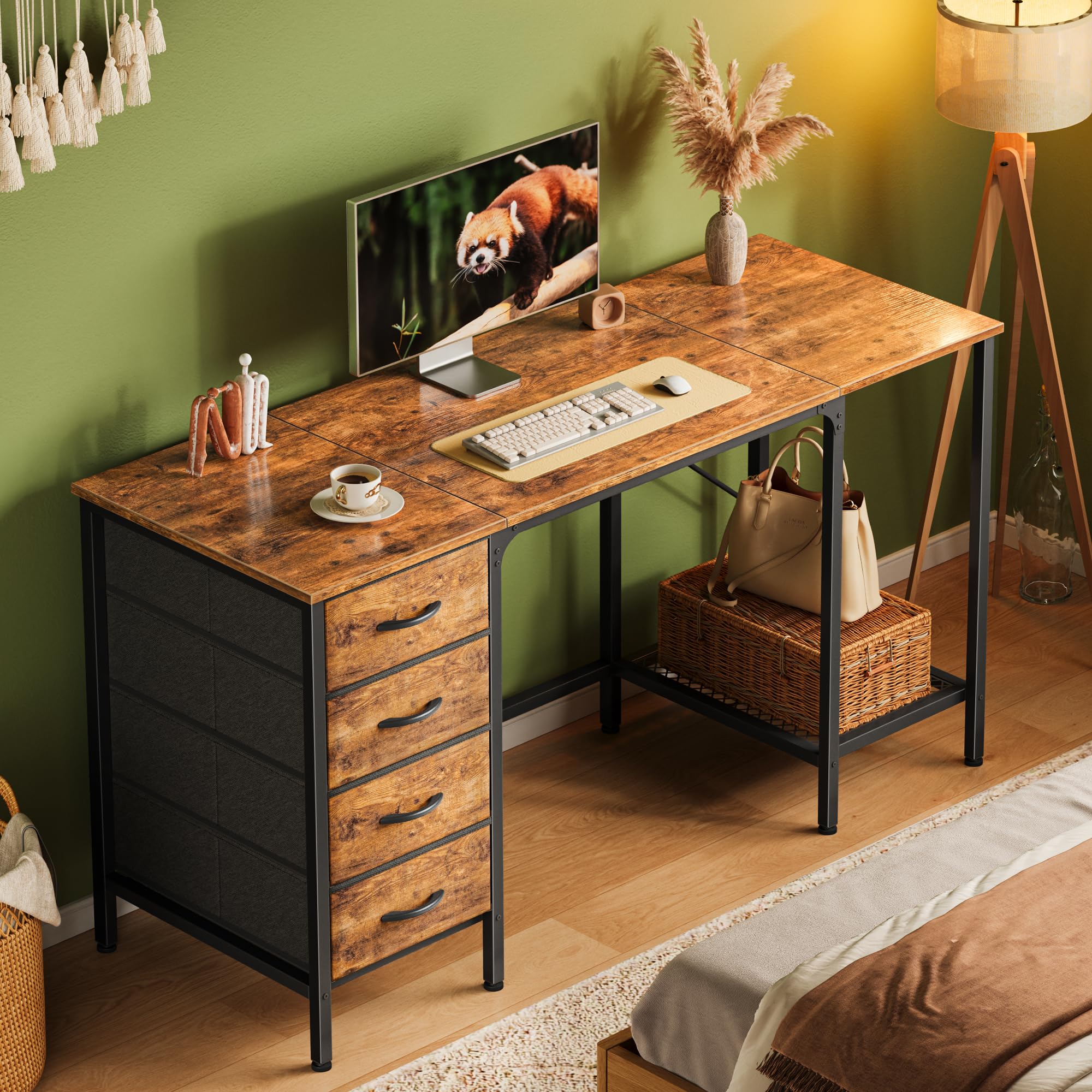 Huuger 55 Inch Computer Desk with 4 Drawers & Mesh Shelf - Large Rustic Brown Office Desk for Home, Gaming, Study & Work from Home - Perfect for Small Spaces & Bedroom Workspaces