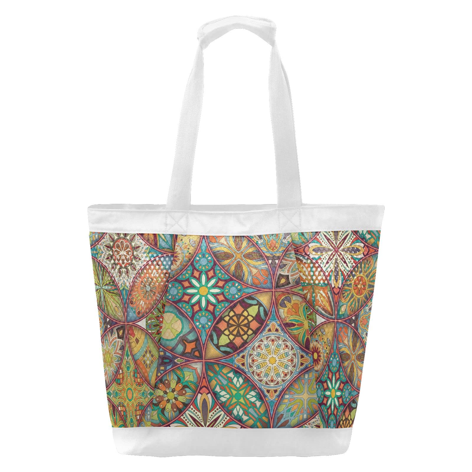J JOYSAY Large Ethnic Floral Mandala Mesh Beach Tote Bag for Women - Stylish Travel, Overnight & Gym Bag - Perfect for Beach Vacations, Pool Parties & Summer Outings