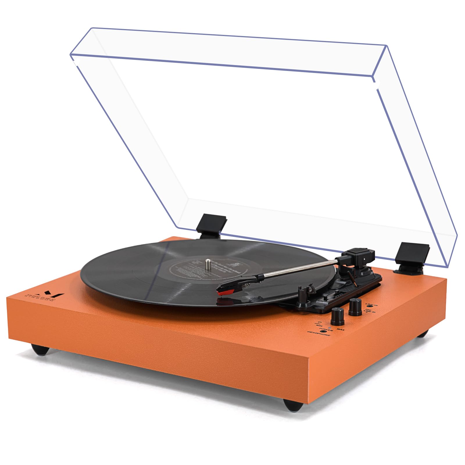Vintage 3-Speed Wireless Turntable with Twin Stereo Speakers, Auto Stop, RCA Output, Full Size Platter, Acrylic Dust Cover, Orange Leather - Perfect for Home Listening and Retro Decor