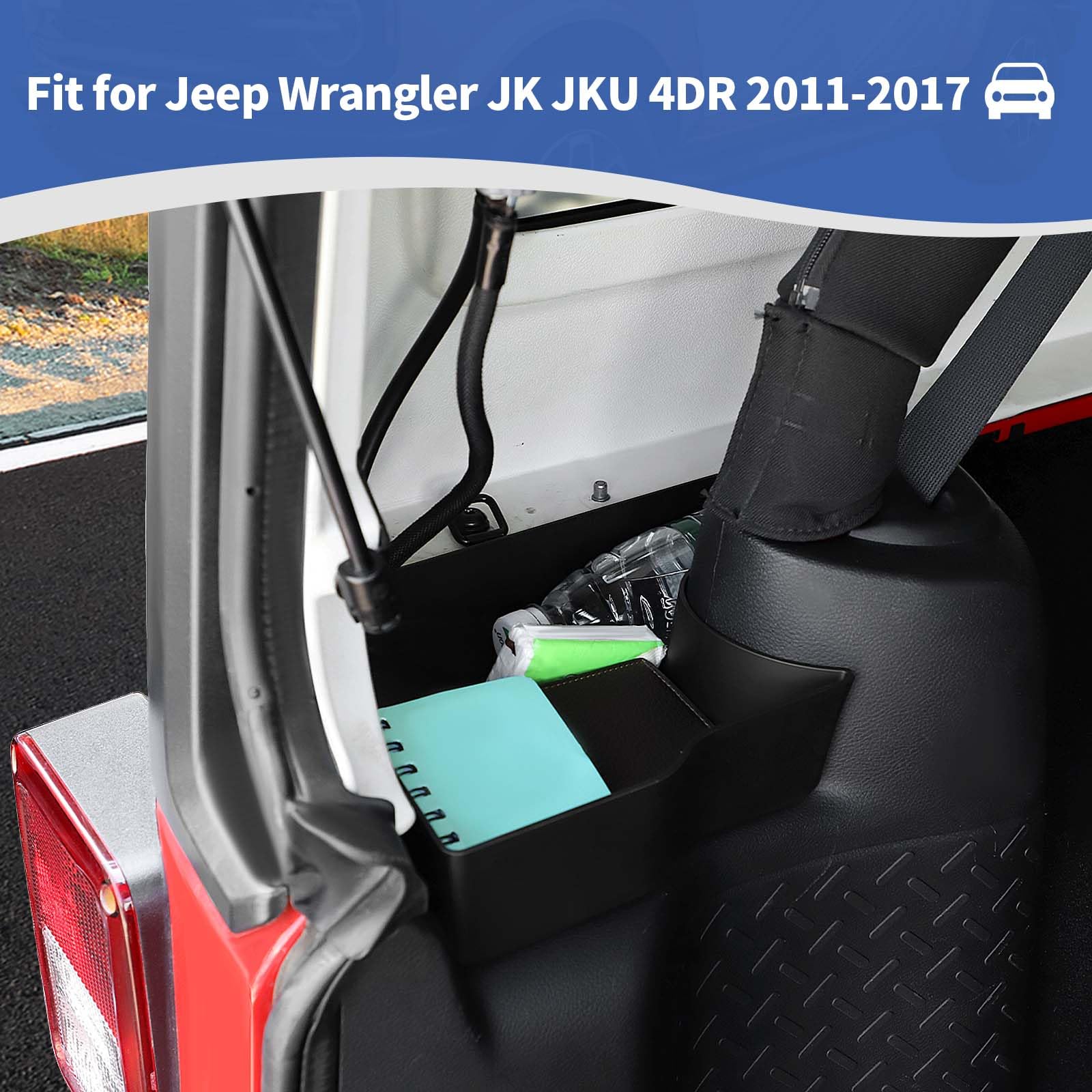 Jeep Wrangler JK Rear Trunk Storage Box & Side Tray Organizer - 2pcs Black Interior Storage Accessories for 2011-2017 JK JKU 4 Door Models | Perfect for Road Trips, Camping & Off-Road Gear Organization