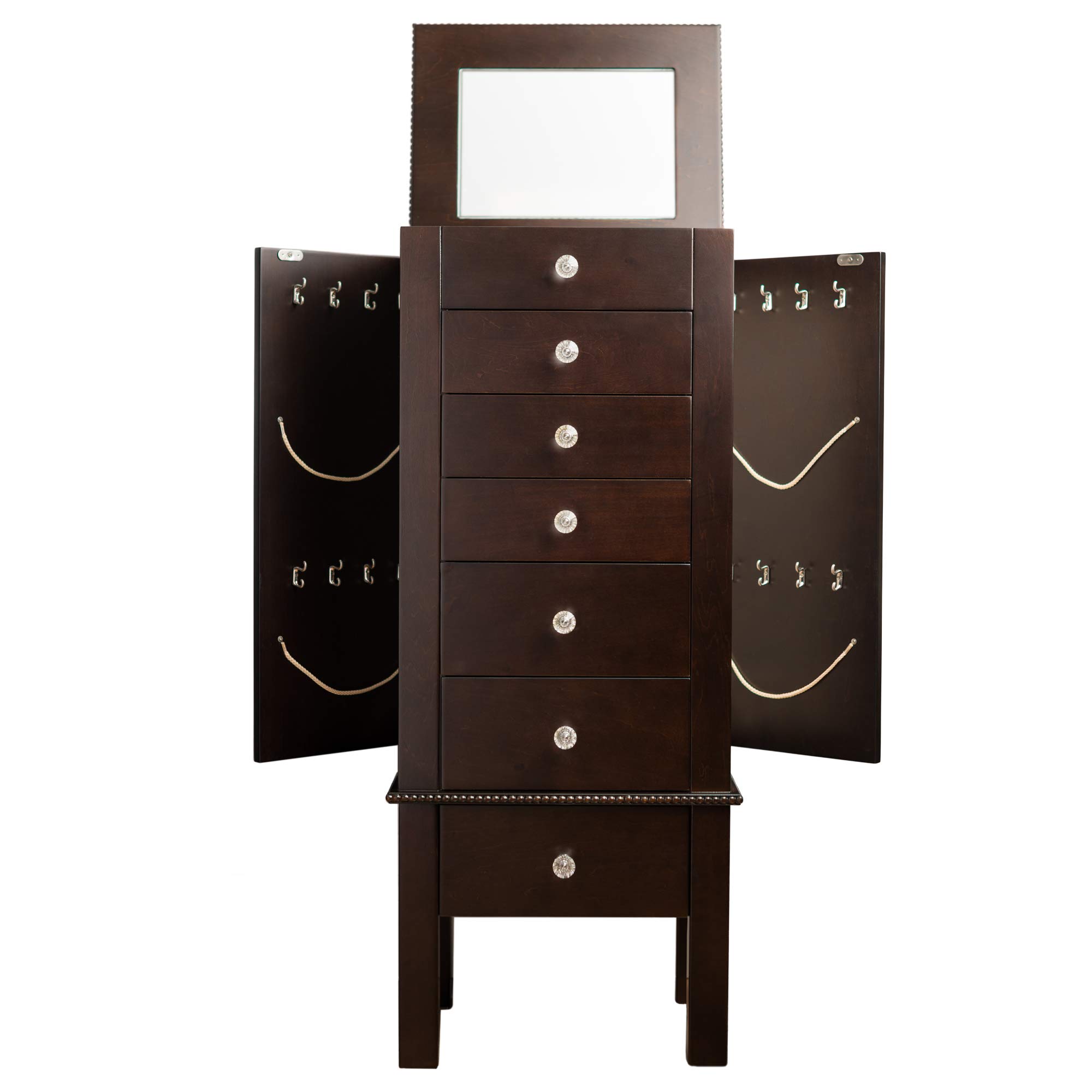 Alveare Home Helena Standing Jewelry Armoire with 6 Drawers - Elegant Jewelry Storage Organizer with Mirror, Ring Rolls, Necklace Hooks & Cord Management - Espresso Finish - Perfect for Bedroom, Closet & Dressing Room Organization