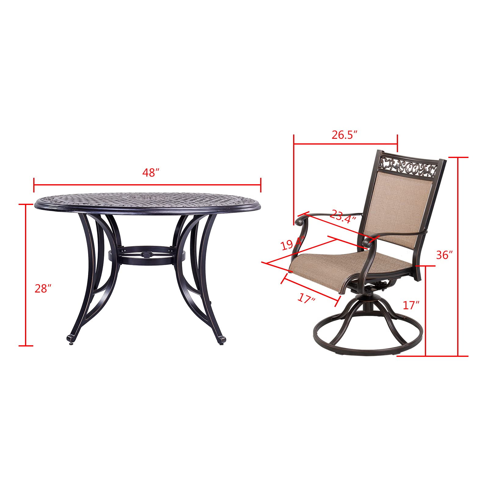 DALI 5-Piece Outdoor Patio Dining Set with Swivel Rocker Chairs & 48-Inch Round Aluminum Table – Perfect for Backyard, Garden, and Poolside Relaxation