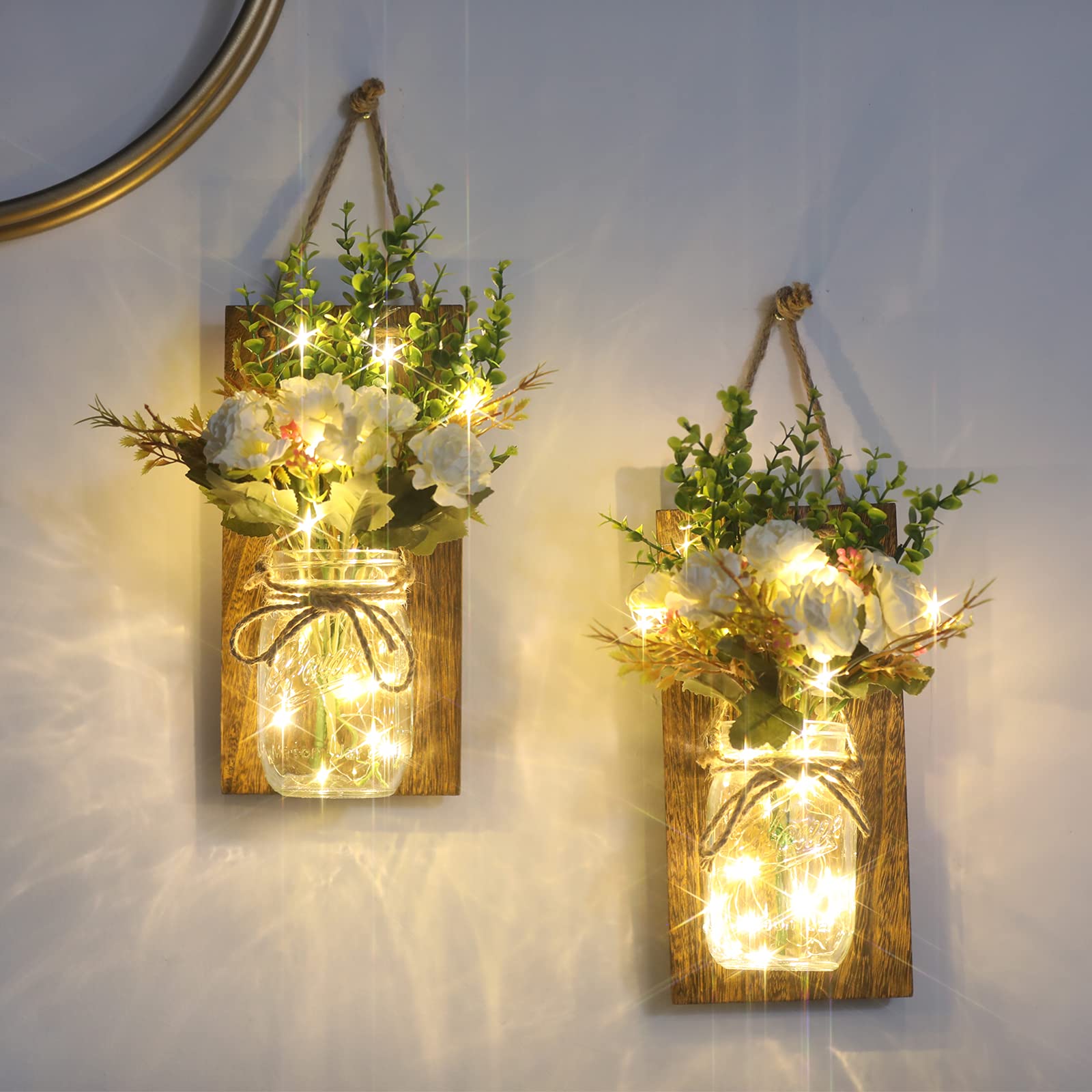 Lightess Mason Jar Wall Sconces with Remote Control - Rustic LED Fairy Lights with White Roses (Set of 2) - Farmhouse Decor for Dining Room, Living Room, Bedroom & Patio - Perfect for Romantic Ambiance, Wedding Decor and Cozy Home Lighting