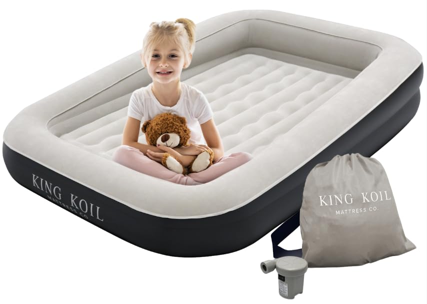 **King Koil Premium Inflatable Toddler Travel Bed with Built-in Safety Bumper - Portable Air Mattress for Kids, Camping & Sleepovers - Includes High-Speed Pump & 1-Year Warranty (Black)**    **Use Cases:** Perfect for family vacations, overnight stays, camping trips, daycare naps, and guest sleepovers.