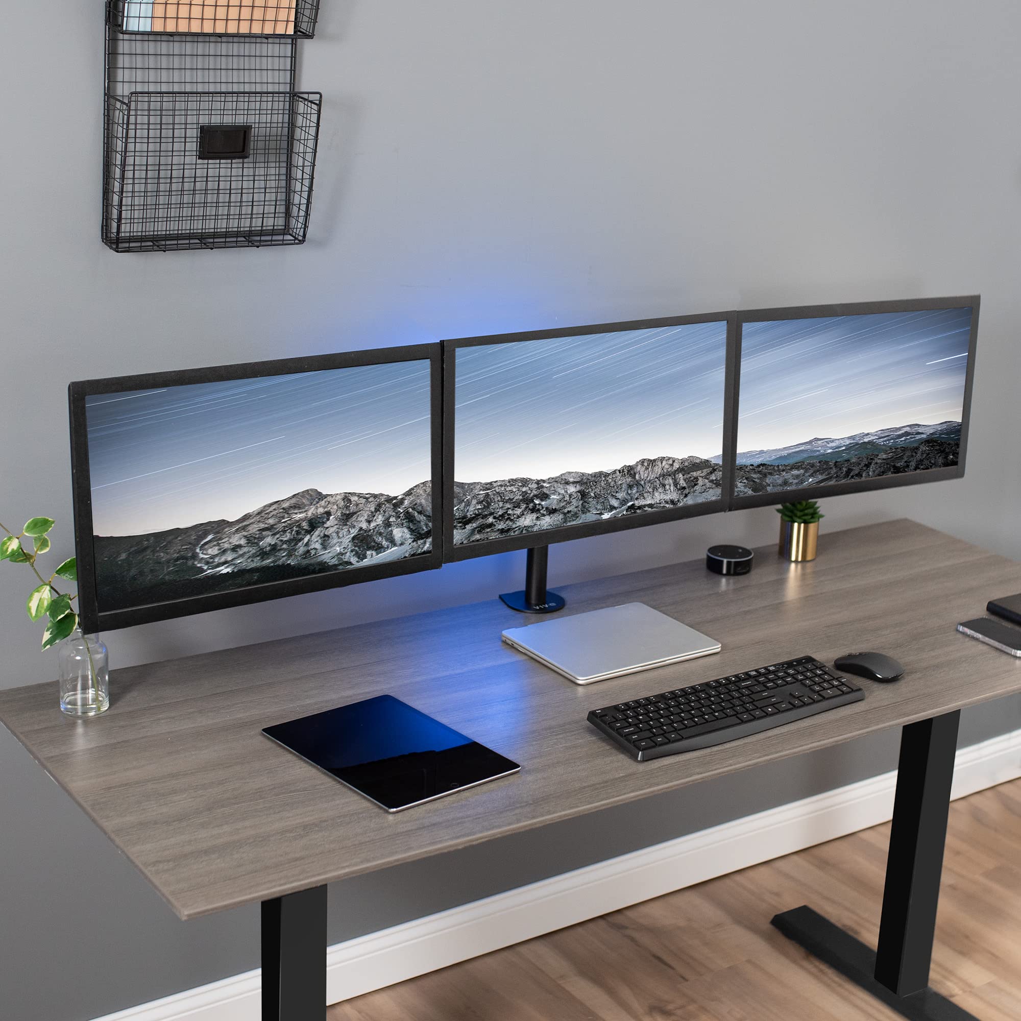 VIVO Triple Monitor Stand for 24 Inch Screens - Adjustable Articulating 3 Screen Desk Mount with Full Motion Tilt, Swivel & Rotation - Heavy Duty Black Monitor Arm STAND-V003Y for Home Office, Gaming & Workspace Setup