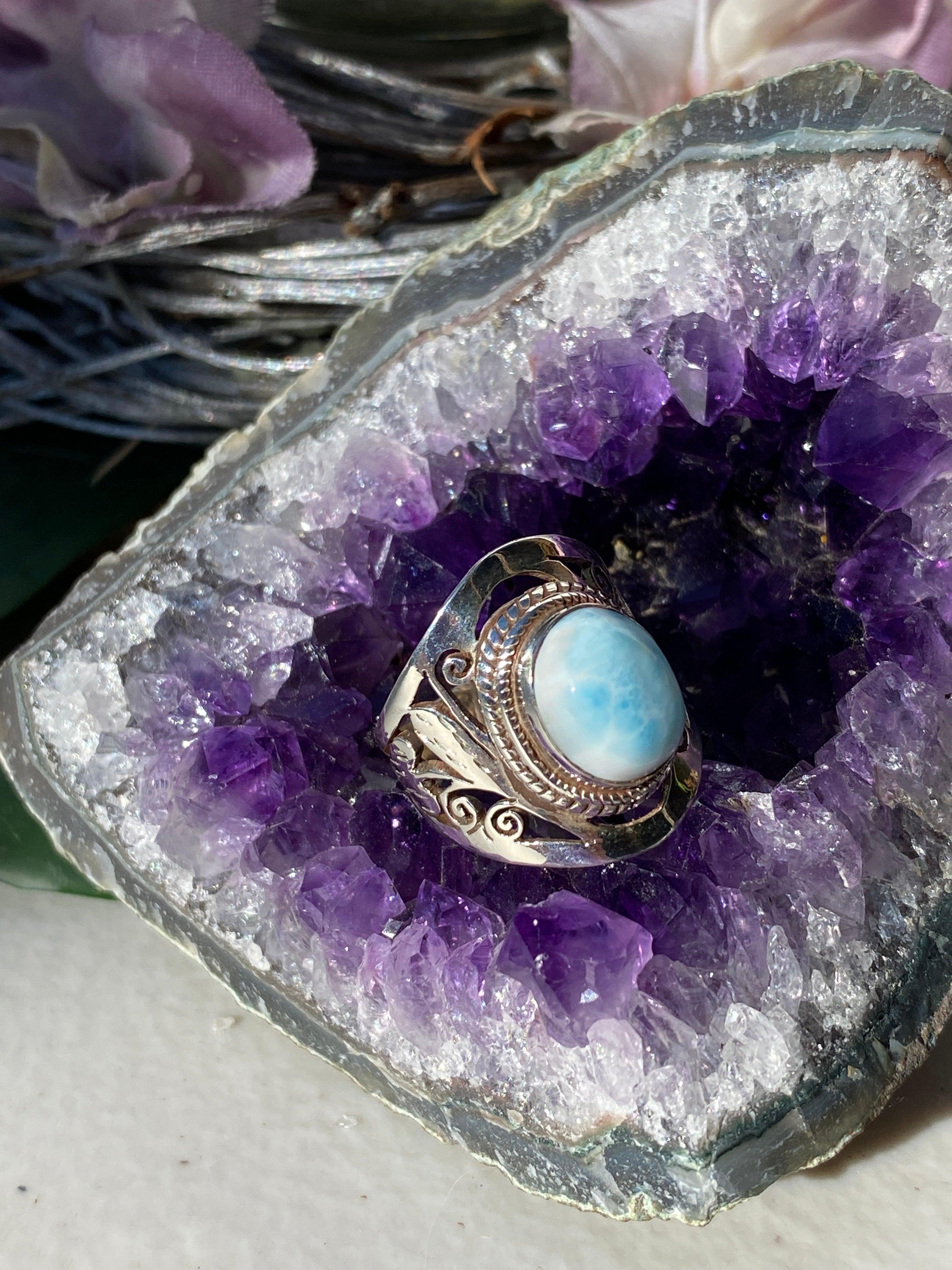 Larimar Oval Cabochon Ring with Detailed Banding - Handmade Sterling Silver Jewelry - Perfect for Beach Weddings & Boho Fashion