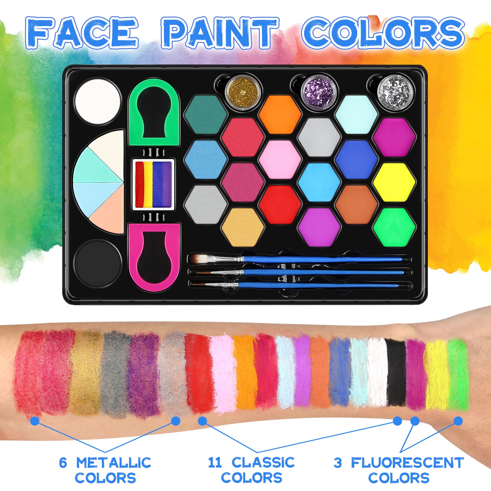 Dreamon Face Paint Kit for Kids - 48 PCS Non-Toxic Hypoallergenic Face Paint with Glitter Tattoos - Safe Halloween Carnival Makeup Set - Perfect Gift for Birthday Parties & Costume Events