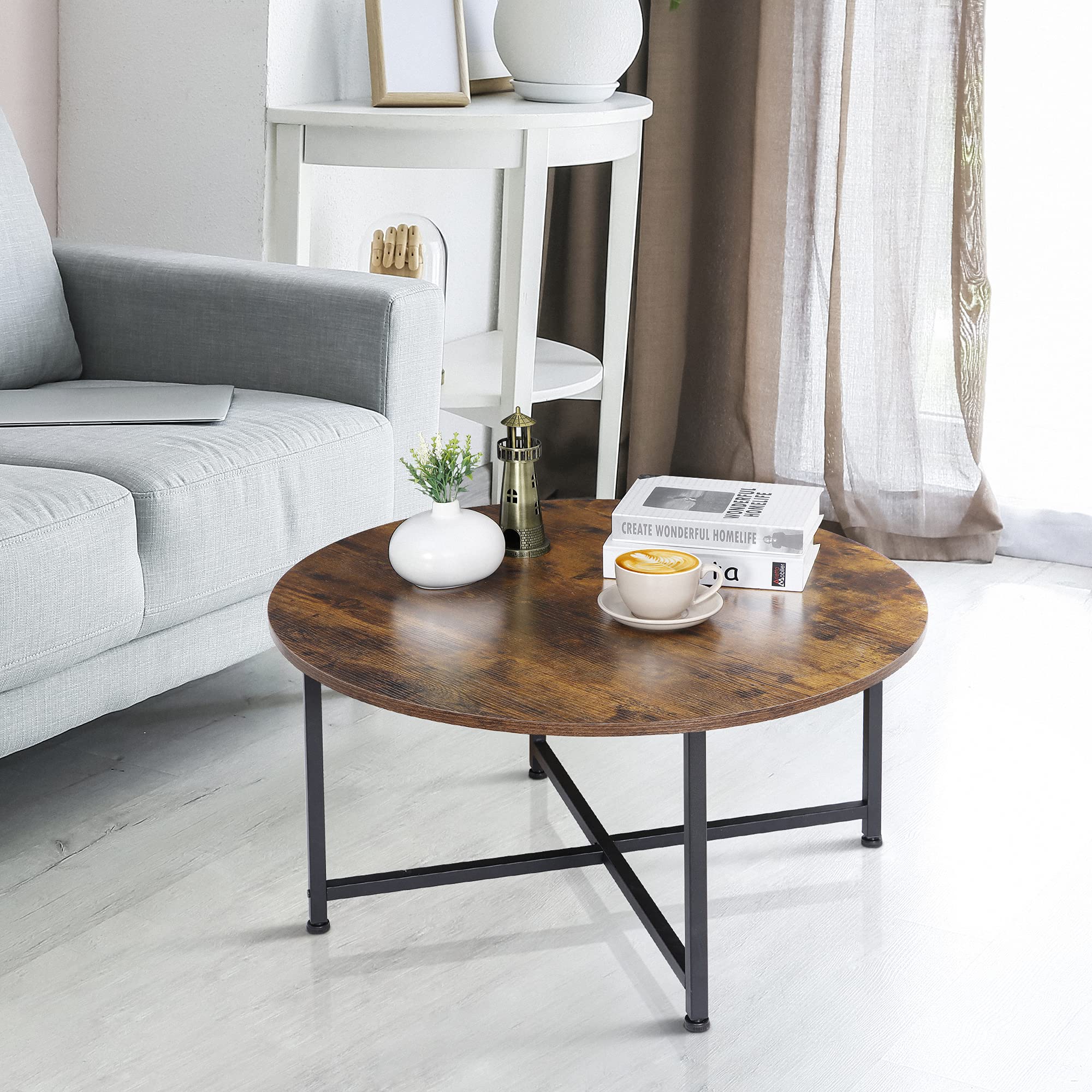 Smartxchoices 32 Inch Round Coffee Table - Solid Wood Top with Sturdy Metal Cross Legs - Industrial Style Center Table for Living Room, Coffee Bar, Patio & Outdoor Use - Perfect for Entertaining Guests or Relaxing with Coffee