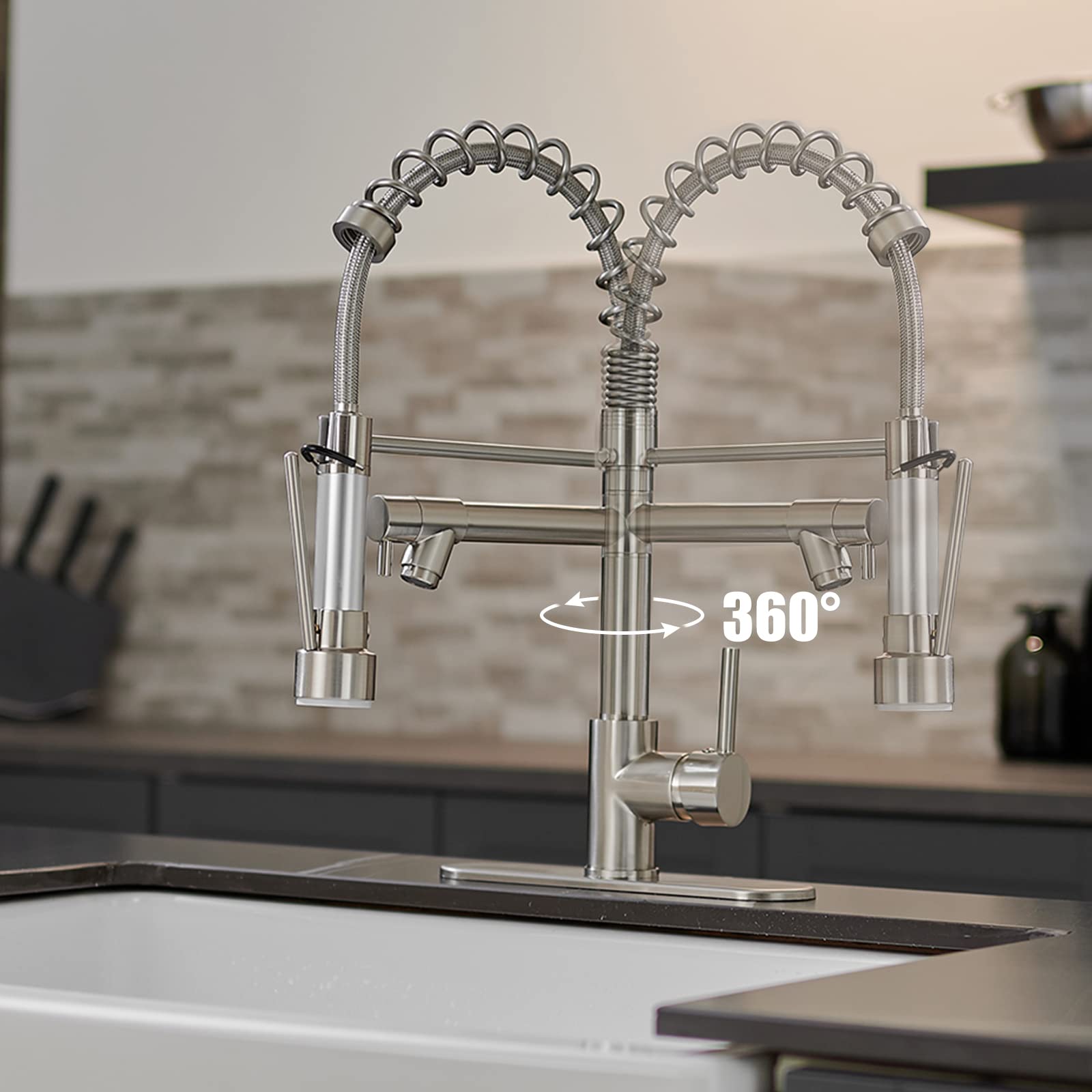 Brushed Nickel Single Handle Modern Kitchen Faucet with Pull Down Sprayer and Dual Spout - Commercial Grade Spring Faucet for Sink with Deck Plate - Perfect for Home Kitchen, Restaurant, and Commercial Use